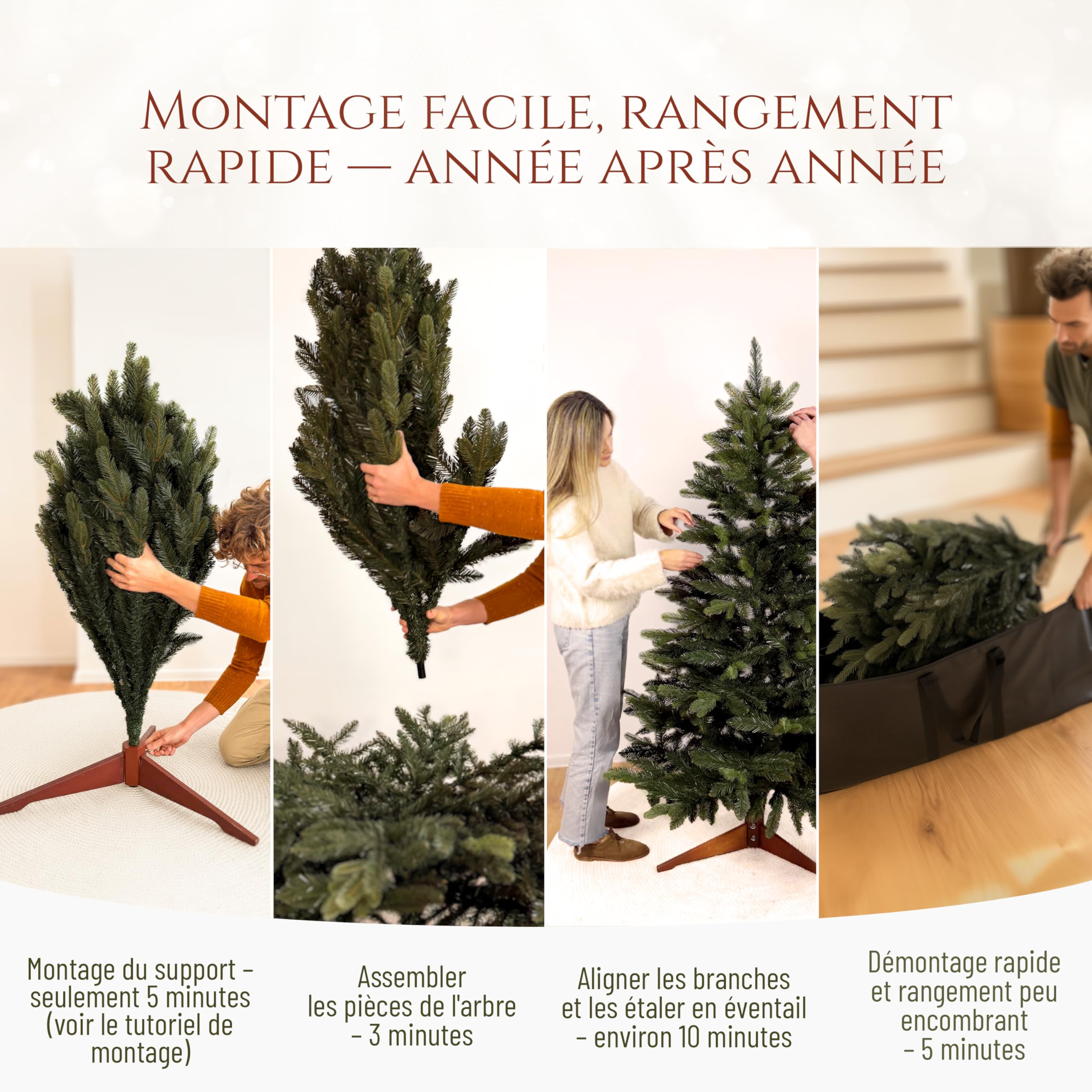 Sapin de Noël Artificiel Premium 180 cm - Gagnant du Test - Réalisme Exceptionnel, Branches épaisses, livré avec Support en Bois et Sac de Rangement – Pure Living