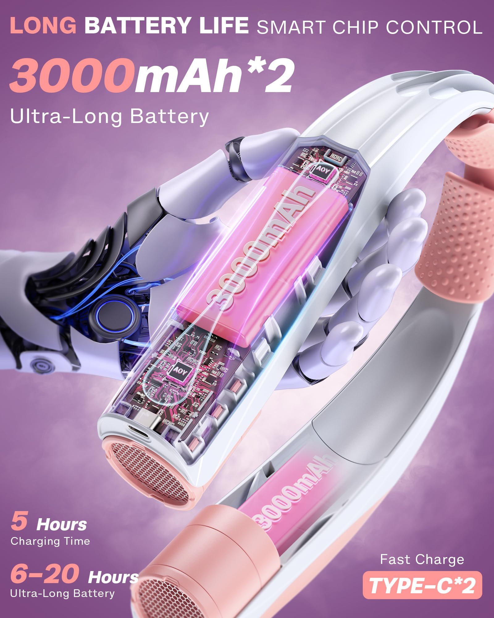Ventilador de cuello portátil, ventilador personal de 6000 mAh, ventilador portátil recargable de refrigeración de 360°, ventiladores manos libres ajustables de 6 velocidades para viajes, al