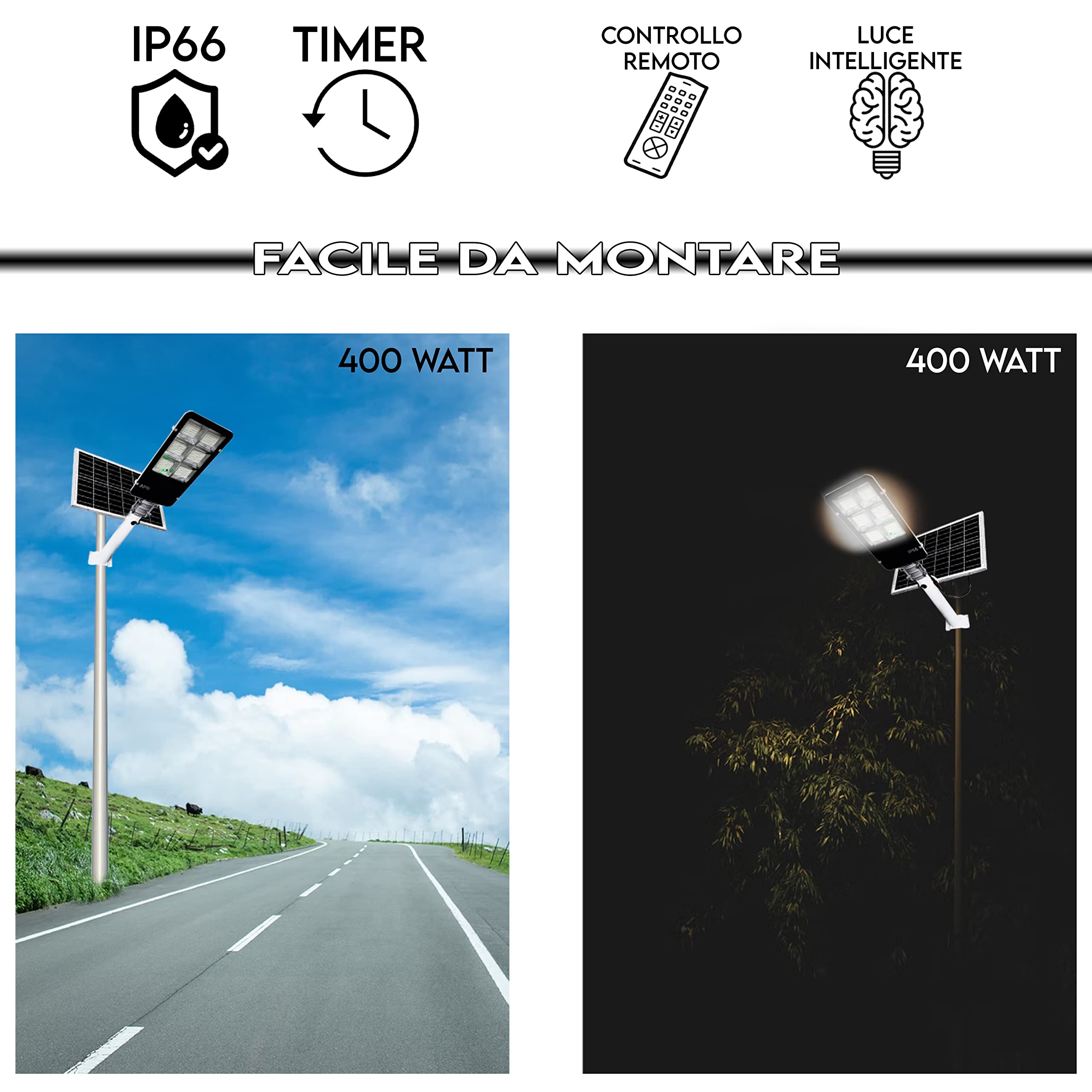 MAKA Lampione con Pannello Solare Monocristallino Led Esterno con Palo Telecomando Leds Impermeabile Ip66 Faro Luce Fredda 6500K 12 Ore Autonomia Sensore Crepuscolare Stradale Giardino (400W)