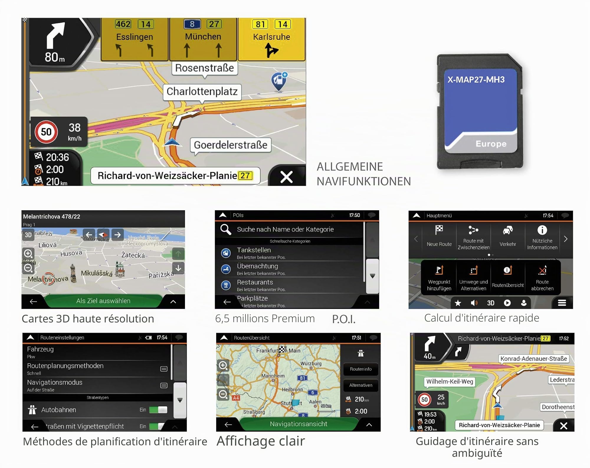 X-MAP27-MH3 : Carte Micro SD avec Navigation de Voyage pour XZENT X-427 et X-F270, Cartes d'europe, Camping P.O.I. Colis de 3 Ans de mises à Jour de Cartes gratuites