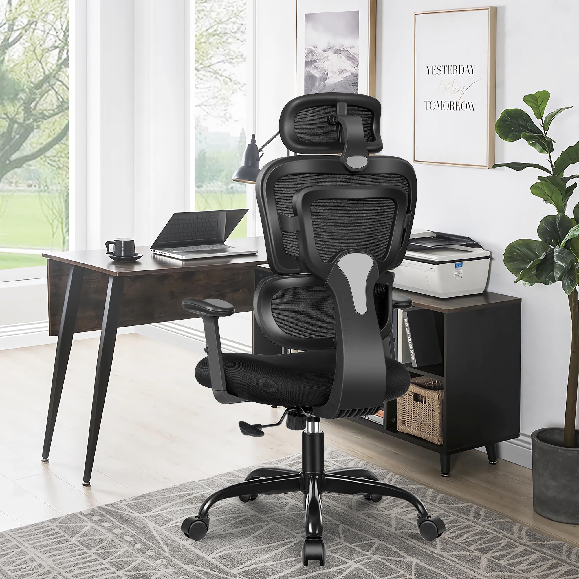Sedia da ufficio, ergonomica, multifunzionale, in rete, per scrivania, 3D, poggiatesta e braccioli, regolabile in altezza, supporto dinamico, 150 kg, colore: nero