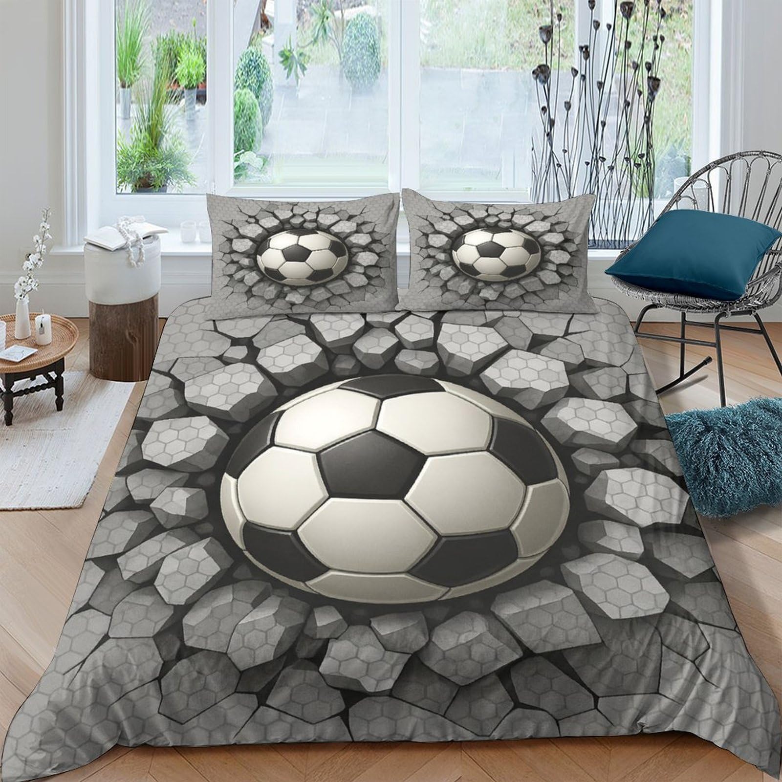 GPLZQXKJNH 3D Printed Soccer Ball Duvet Cover Microfiber Soft Breathable Cracked Stone Bedding Set with 2 Pillowcases for Bedroom Decor Single（135x200cm）