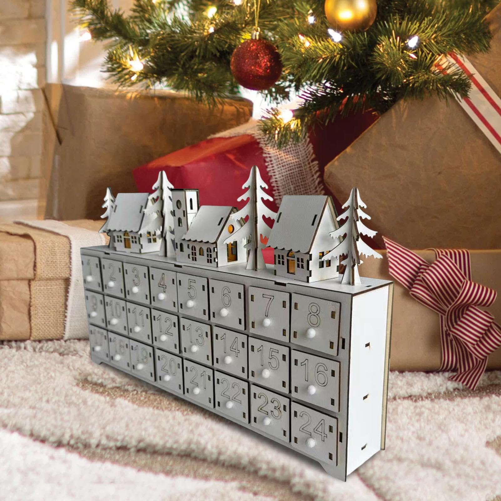 Calendarios de Adviento con Cajones Letreros Mesa 2024 Calendario Madera | Decoración Mesa Letreros Mesa Rústicos Madera LED Reutilizables Cuenta Atrás Adviento Decoración