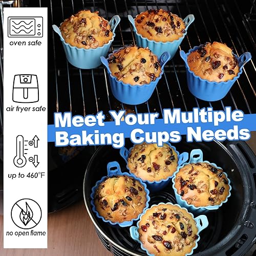Miniatura 3 de Koluti Juego de 4 tazas de silicona reutilizables para hornear, moldes antiadherentes para magdalenas con doble asa, sin BPA, pequeños forros