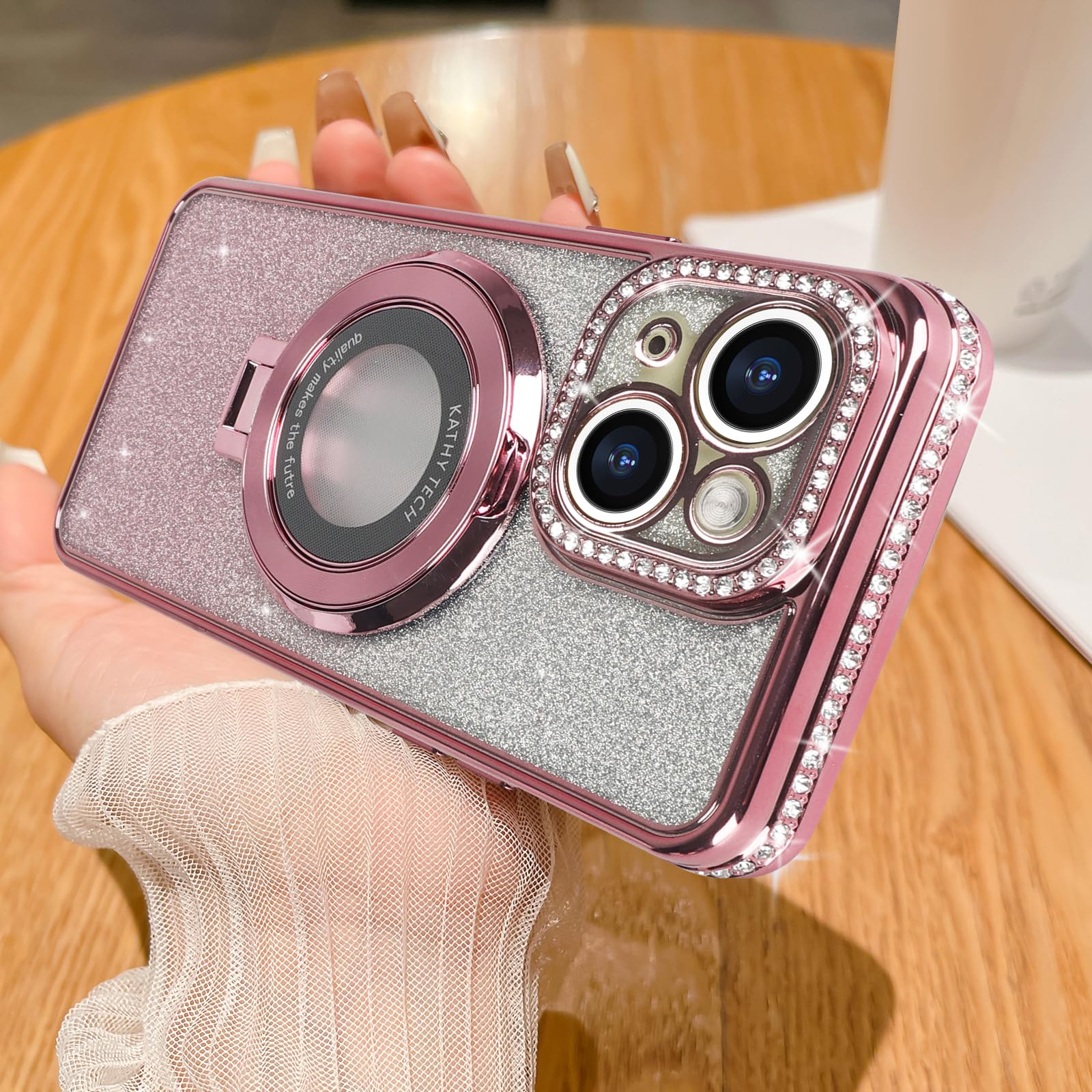 Losin Compatible with iPhone 15 Plus Glitter Magnetic Case with Invisible Stand [Compatible with MagSafe] Luxury Bling Rhinestone Full Camera Lens