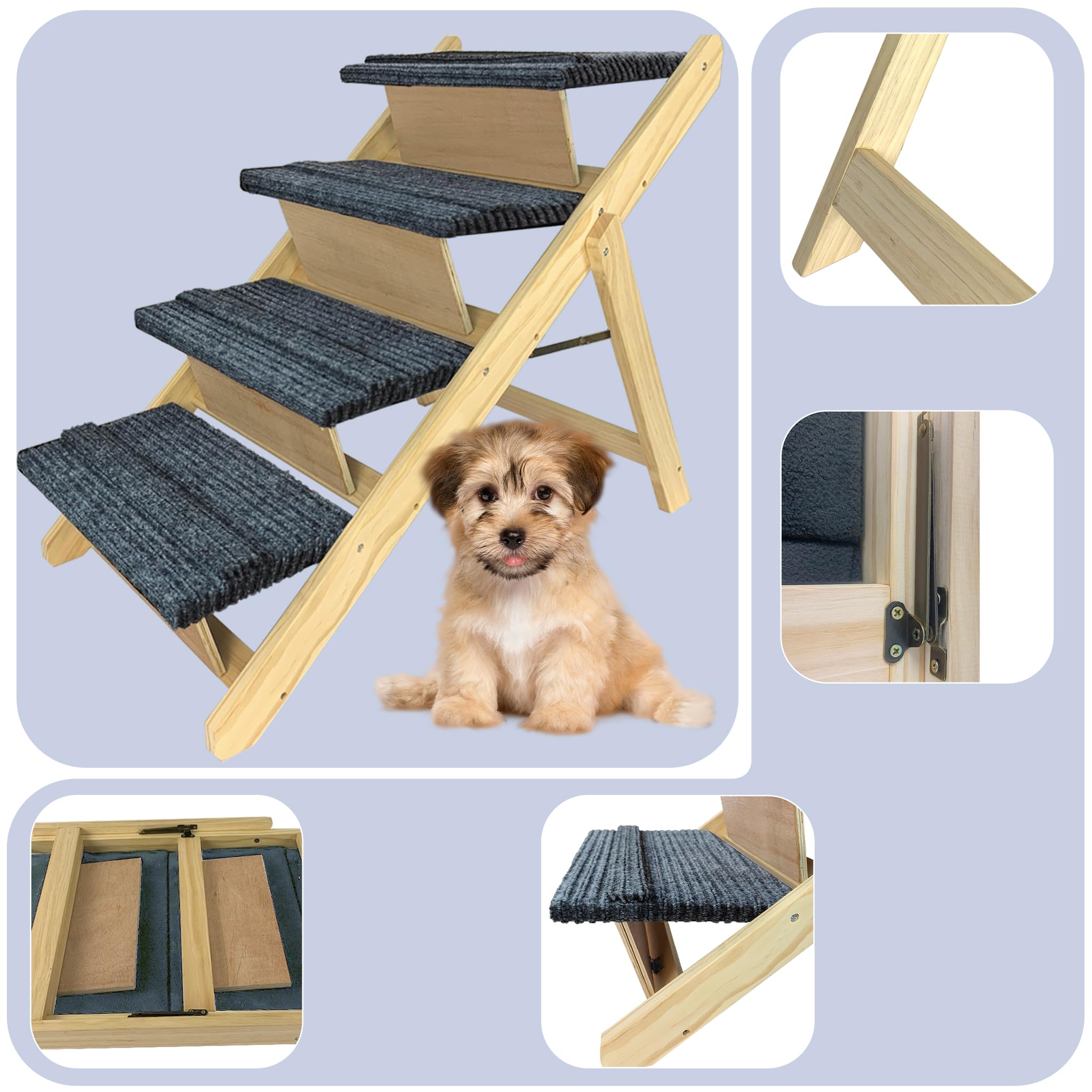 FIVMEN Scaletta per cani 2 in 1 Rampa per cani in legno pieghevole Regolabile in altezza con tappetino antiscivolo Scaletta per animali domestici per letto e divano, 100x47x63cm