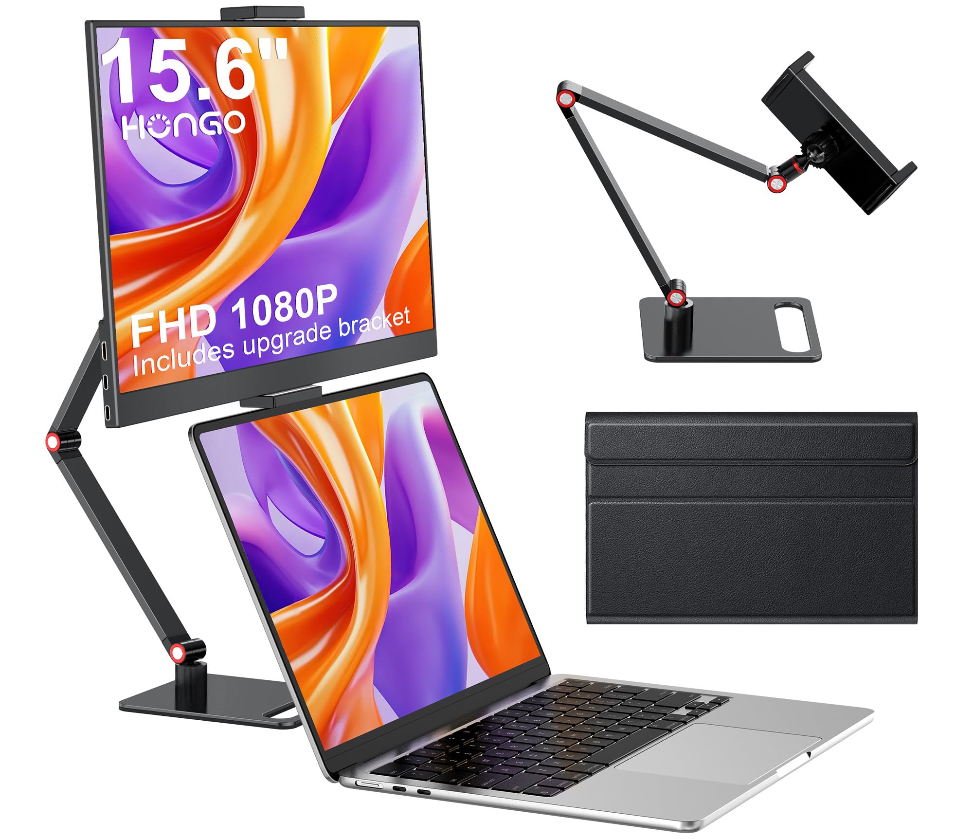HONGO Portable Monitor with Stand 15.6”-Laptop Screen Extender 1080P FHD for USB C hdmi Portable Screen Display Vesa Compatible for Windows Mac/
