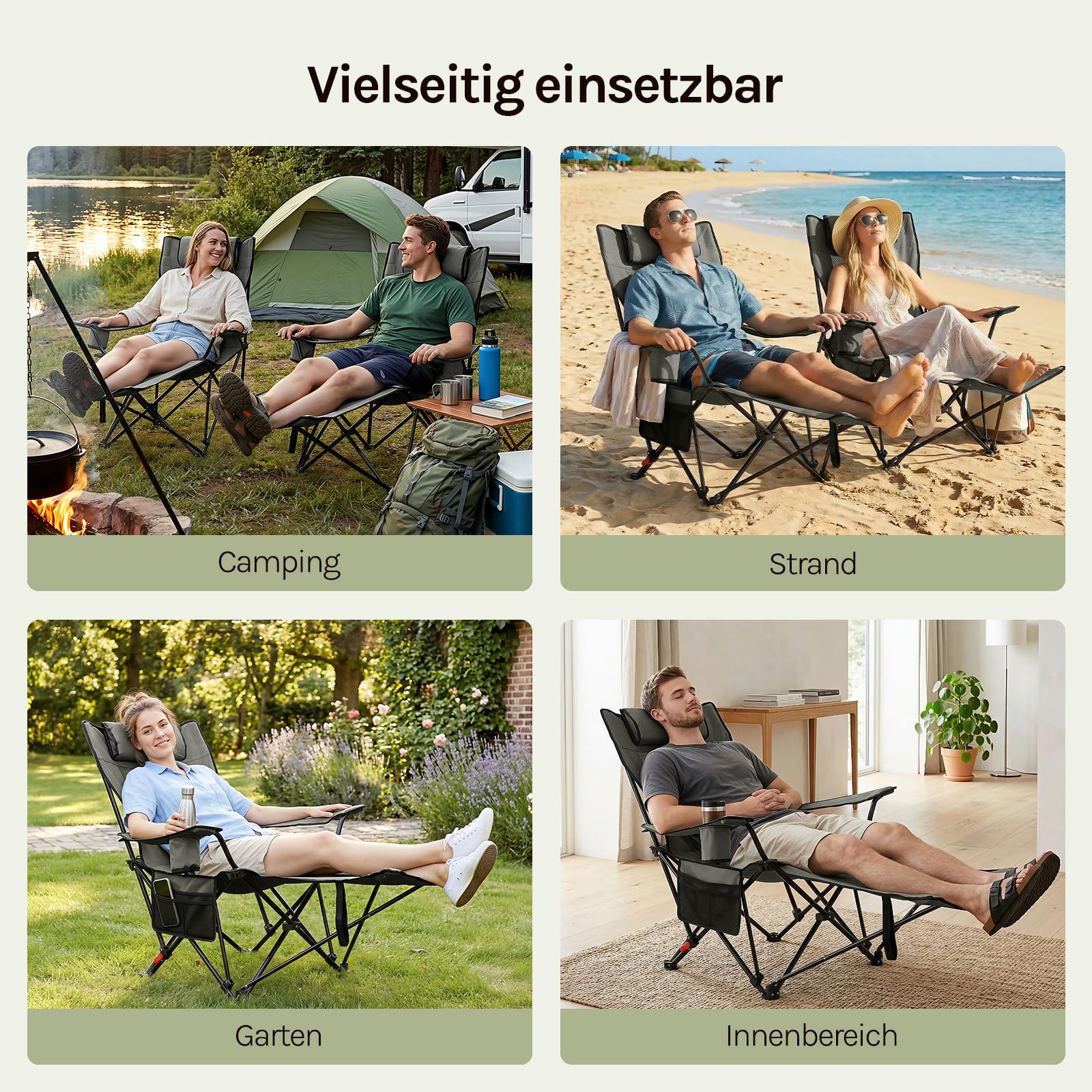 WOLTU Campingstuhl Faltbar 2er Set mit Fußablage, 3 Positionen Verstellbar, mit Getränkehalter Seitentasche, bis 150 kg belastbar, für Camping Angeln Picknicks Strand,Grau