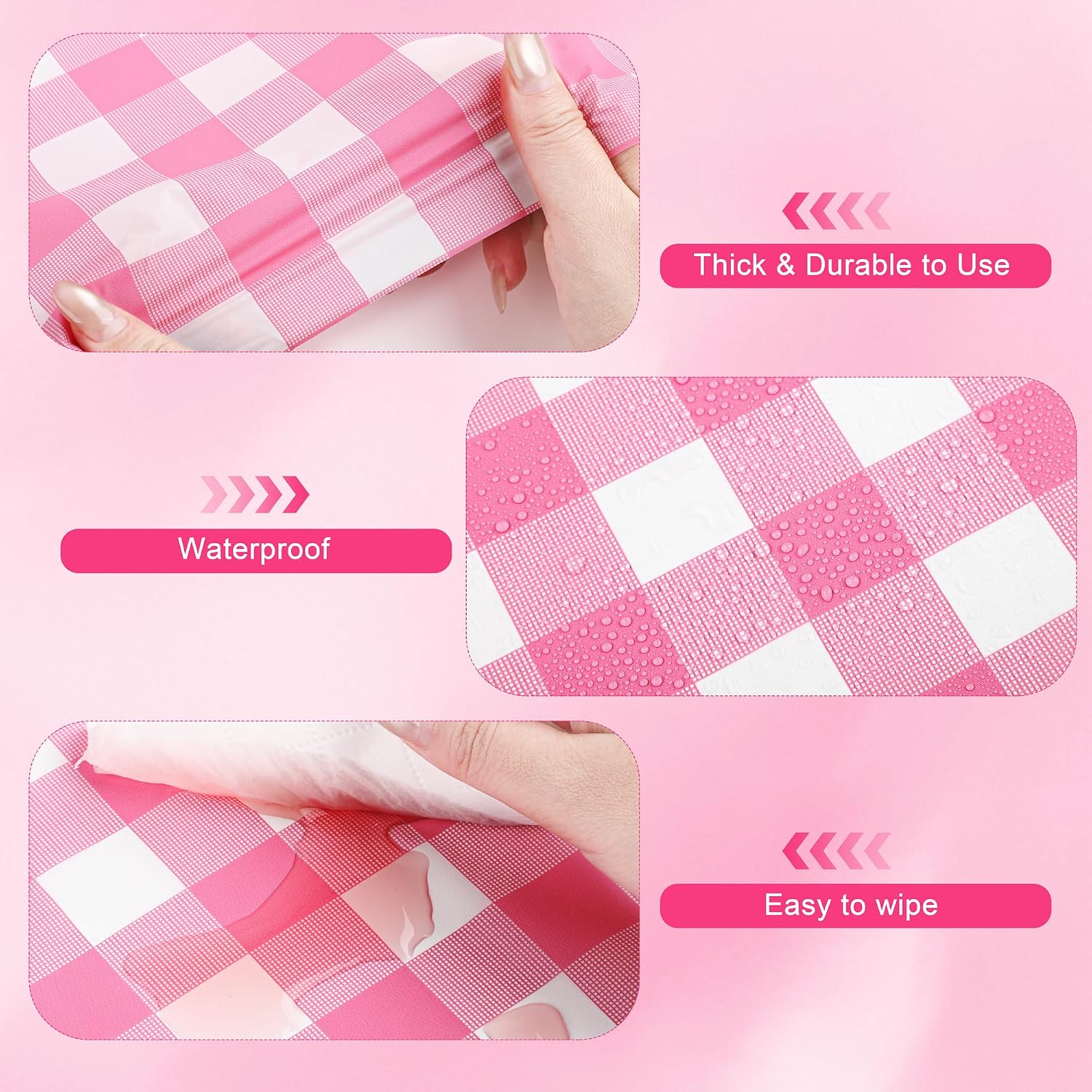 Kochorie 54 Inch x 300 Ft Light Pink Checkered Plastic Table Cloth Roll Disposable Waterproof Table Cover Plastic Table Cover Roll with Easy Slide Cutter for Outdoor Picnic/Home Dining/Spring Party