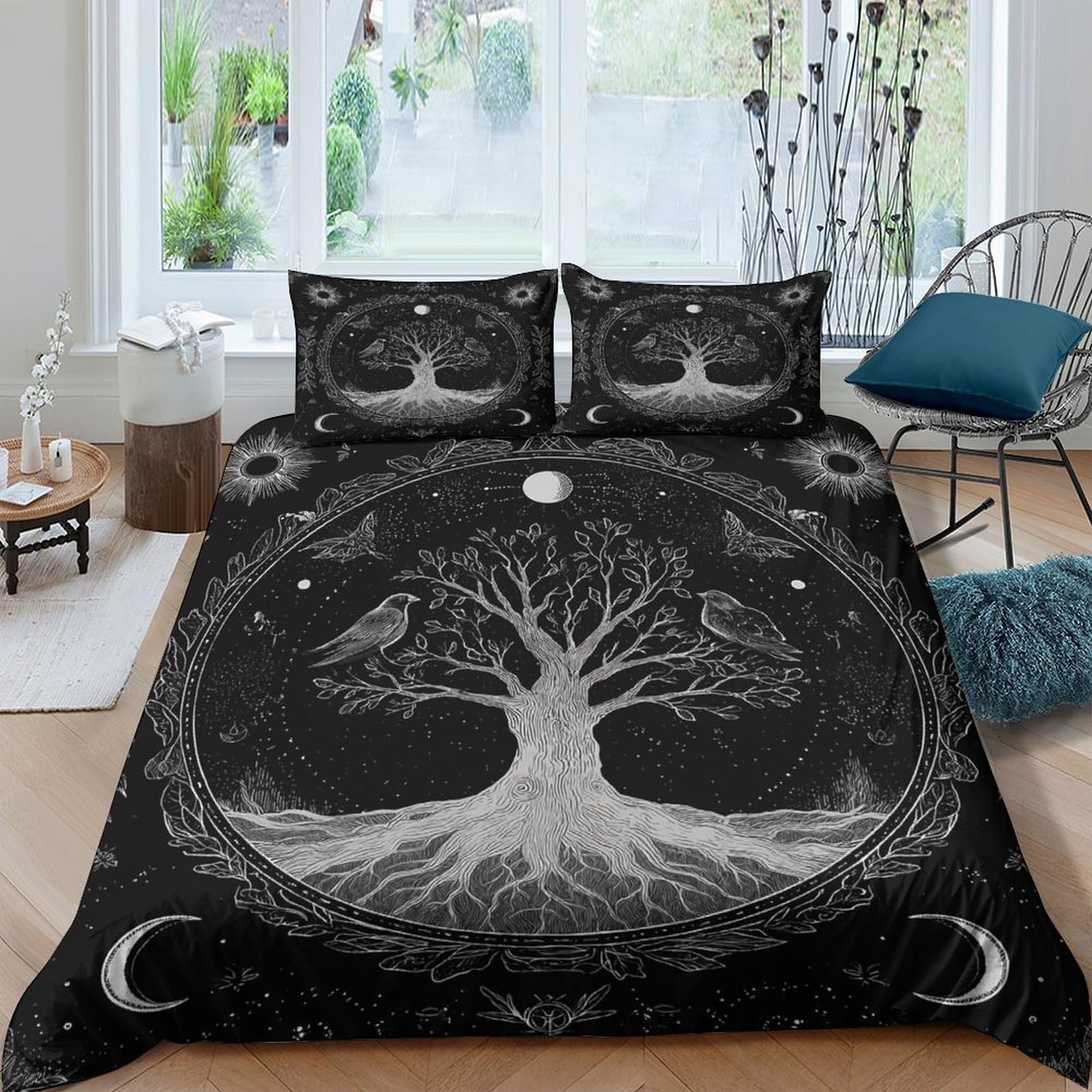 Ctjqhvkz Style-5 3D Printed Tree Of Life Fitted Sheet Microfiber Black Moon Owl Mattress Cover For Bedroom Guest Room Dust Protection Single（135X200cm）