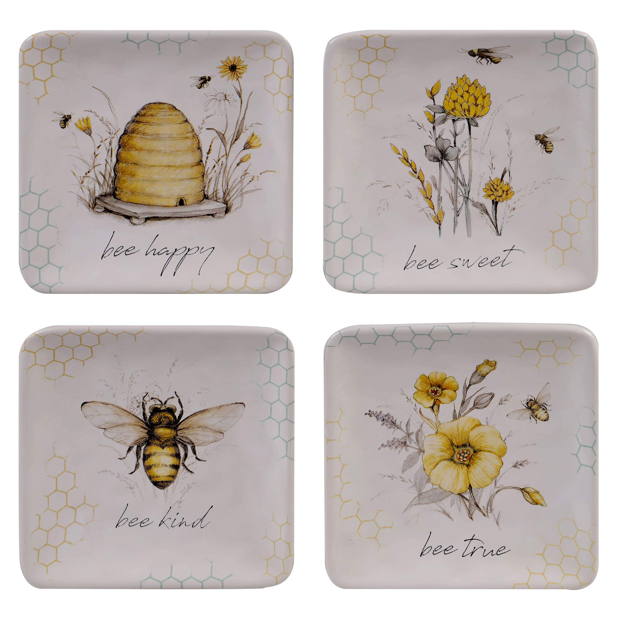 Certified International Bee Sweet 6" Canape/Luncheon Plates, Assorted Designs, Large, Multi Colored, Set of 4