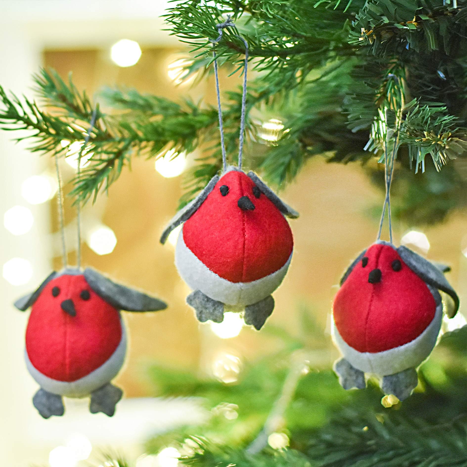 Valery Madelyn Set of 3 Christmas Tree Decorations, 3.1Inch/8cm Robin Birds Red Breast and Grey Bird Fabric Christmas Pendants Hanging Ornaments (Traditional)