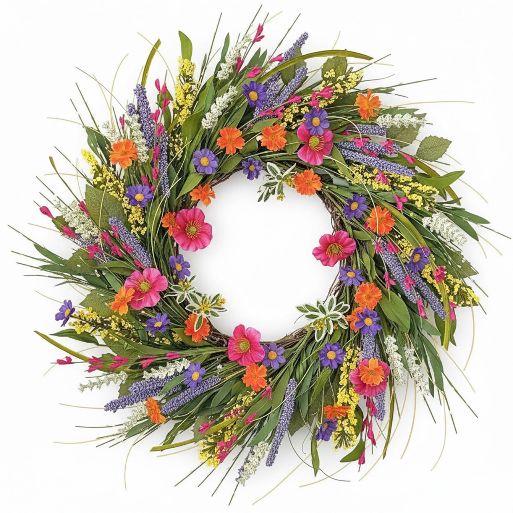 Wildblumenkranz für die Haustür, 40, 6 cm, bunter Frühlingskranz mit realistischen Seidenblumen, Sommerkränze für die ganzjährige Heimdekoration