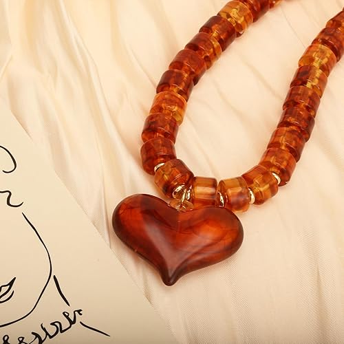 Miniatura 4 de Dr's gift Collar grueso para mujer, collar de corazón con dije de corazón de acrílico naranja, gargantilla de cuentas gruesas ámbar con colgante de