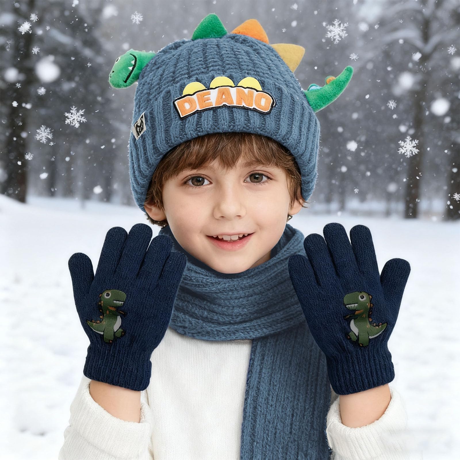 Conjunto Bufanda Gorro y Guantes Niño, Set de Gorra Bufanda Guantes Termicos Niño, 3 en 1 de Punto Gorras Beanie Bufandas Guante Termico, Diseño de Dinosaurios Lindo Gorros Scarf Winter Gloves
