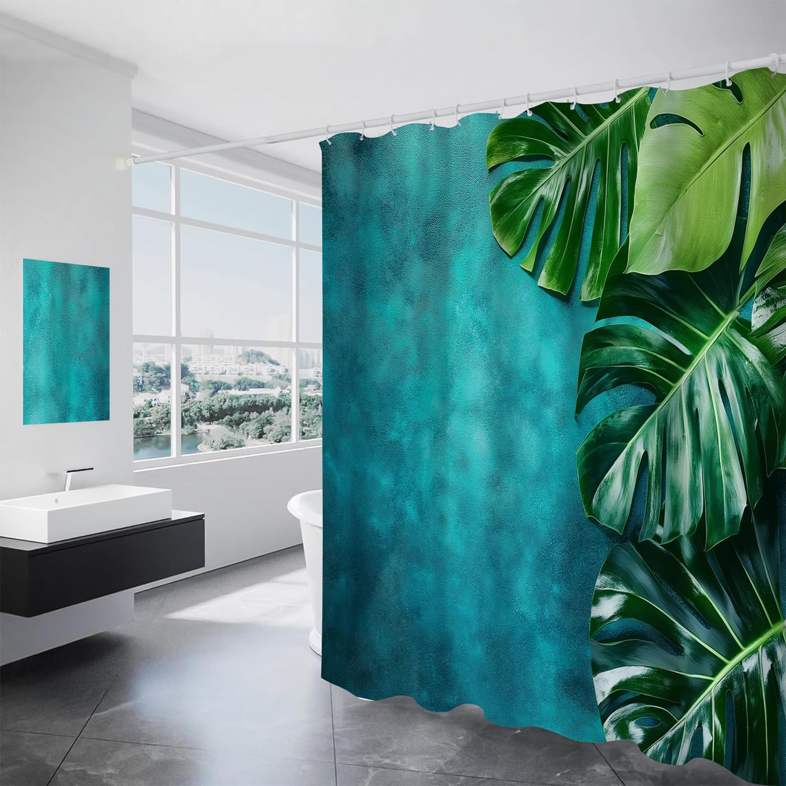 Feuilles tropicales rideau de douche lavable grand format 240x200 pour baignoire