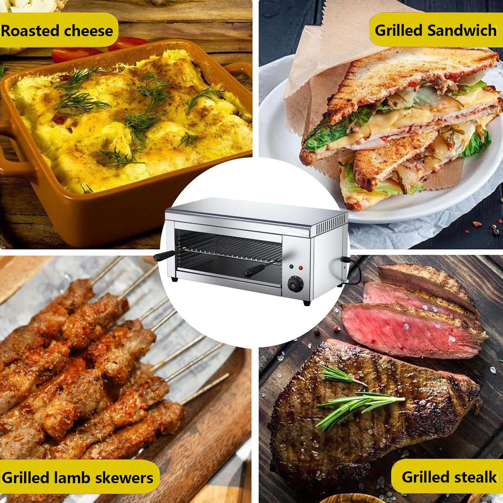 Elektryczna patelnia grillowa, 2000 W, grill do topienia sera, 4 regulowane wysokości, piekarnik ze stali nierdzewnej do topienia sera, kanapek tostowych, steków - 50-300°C