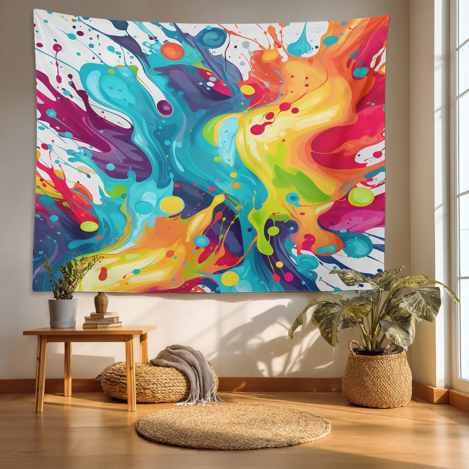Batmerry Vibrant Colors Abstract Shapes Tapestry, Colorful Paint Splashes Wall Art Hanging Decoration Polyester Fiber White Ruffled Around For Dorm Room Bedroom Living Room, 35 X 47 Inches