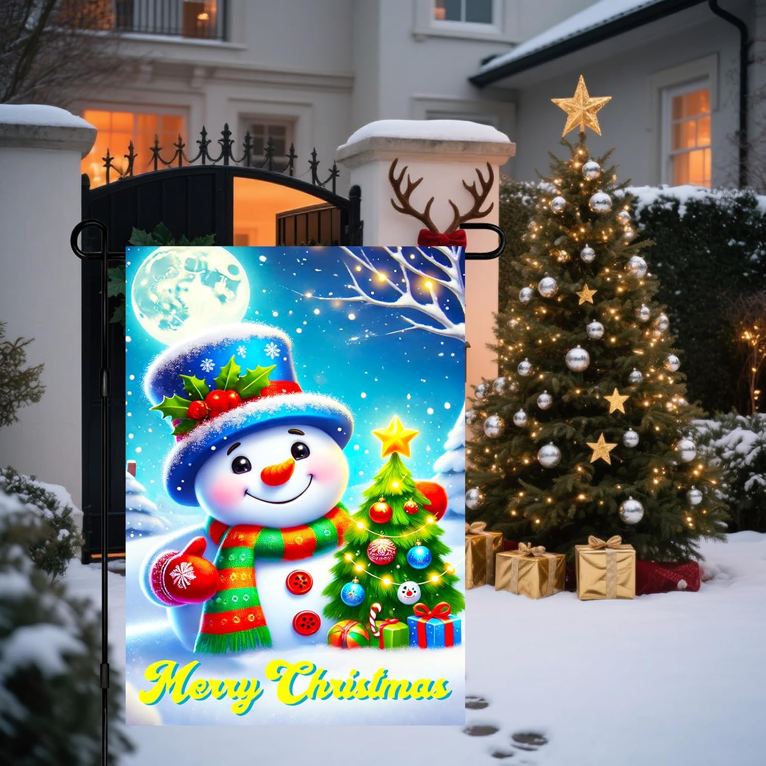 Christmas Garden Flag 12x18 Inch Welcome Snowman and Tree Yard Flag Double Sided Holiday Outdoor Banner with Starry Night and Merry Christmas Text for Winter Porch Lawn Patio - Image 5