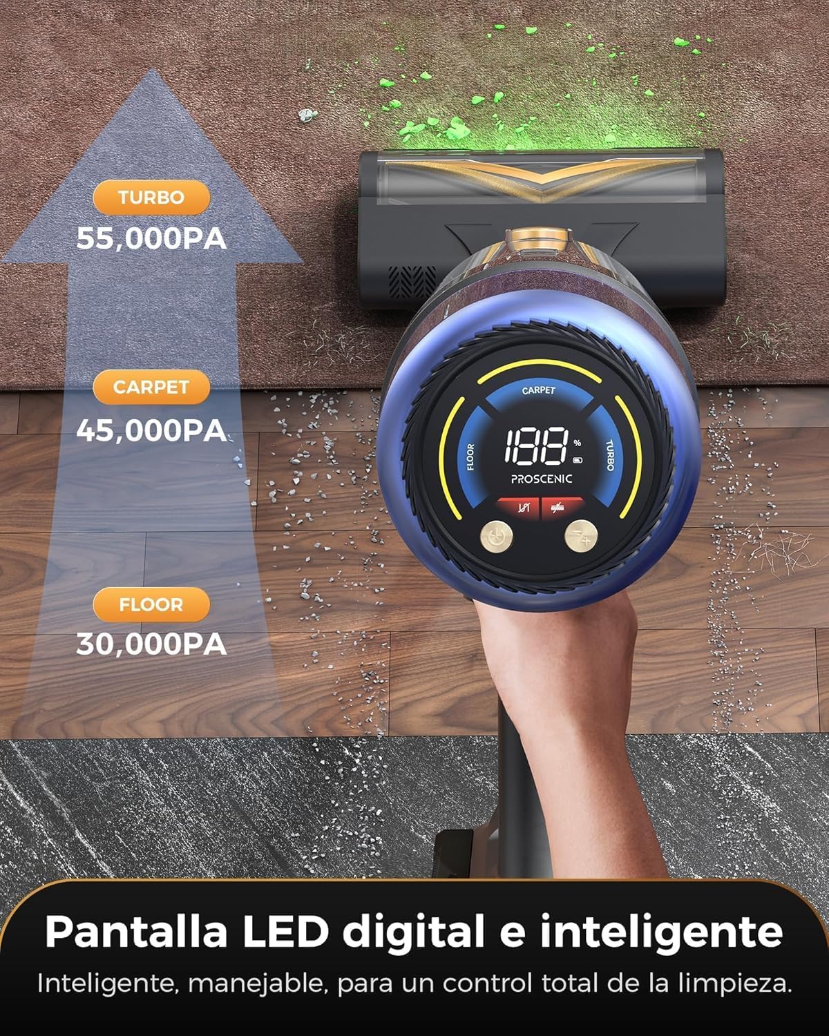 Proscenic P15+ Aspiradora sin Cable 55kPa/70Mins/650W, Aspiradora Escoba Vertical Potente con Pantalla Táctile LED, Cepillo Antienredo y Modo Automático para Suelos/Alfombras/Pelo de Animales