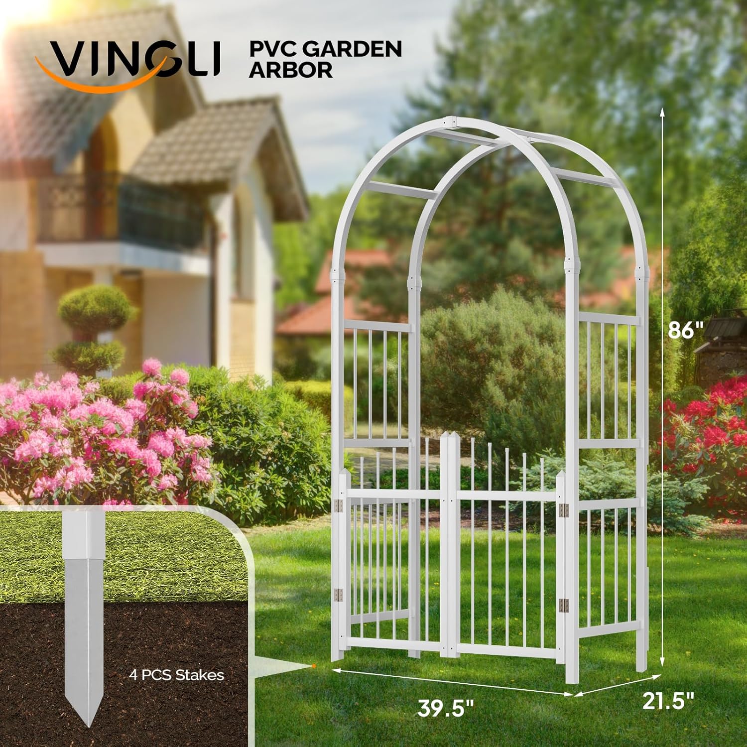 VINGLI Garden Arbor with Gate, PVC Wedding Arch for Ceremony Party, Trellis for Climbing Plants Outdoor for Backyard, Lawn