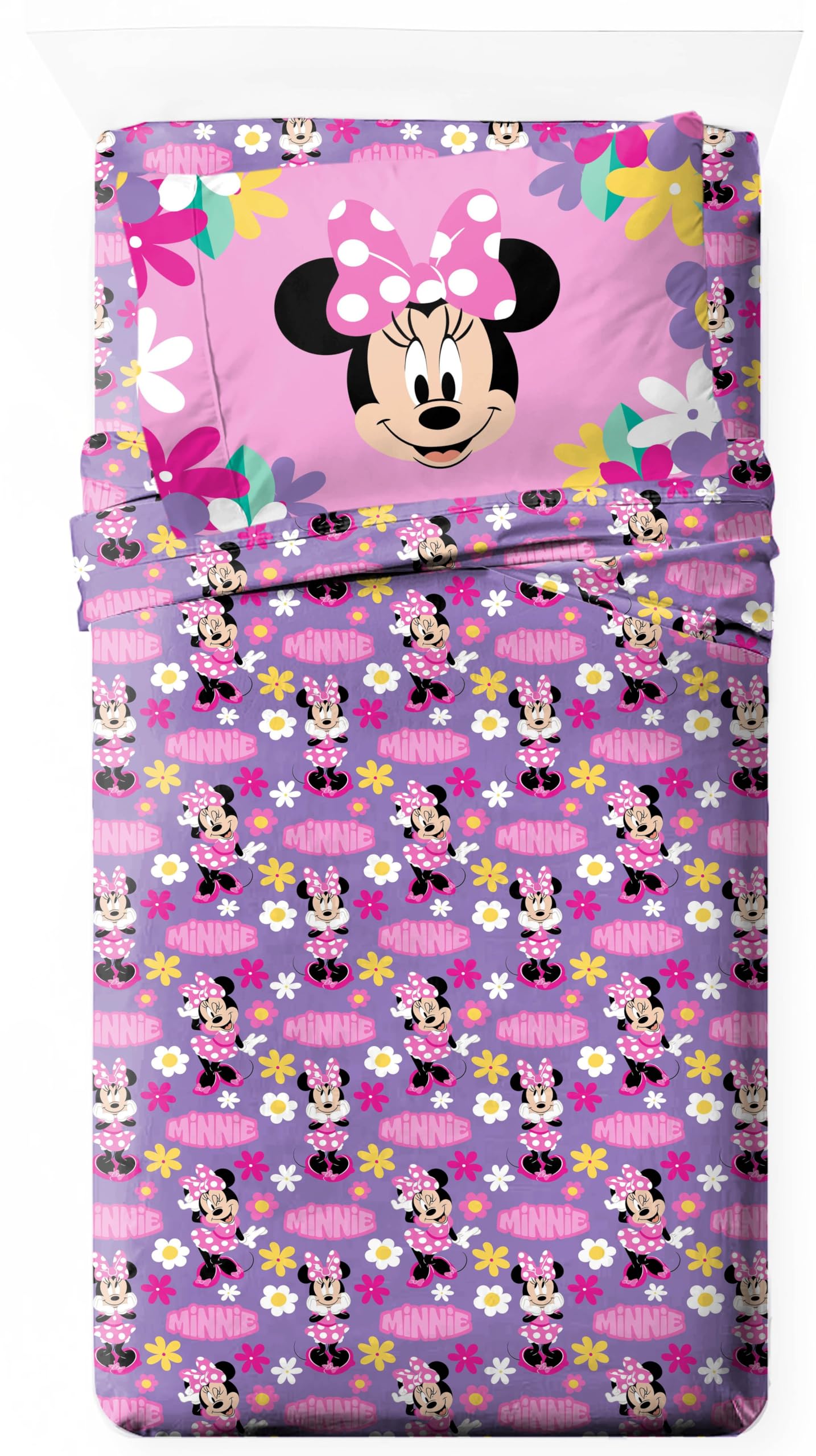 Jay Franco Kids Sheet Set with Fitted, Flat Sheets & Pillow Cover - Ultra-Soft Bedding with Pillowcase for Room Decor, Purple - Minnie Mouse, 3 Piece Twin