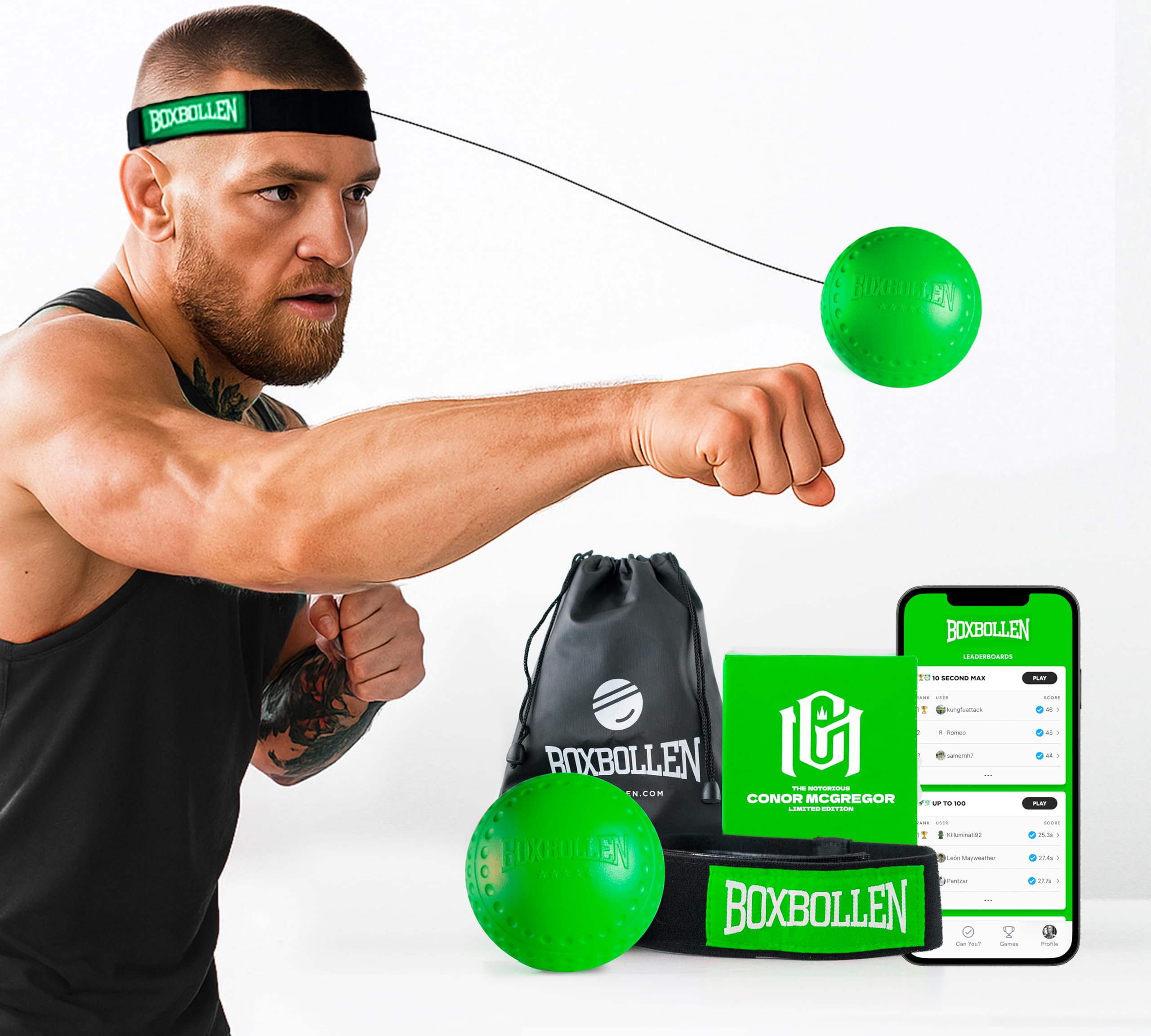 Boxbollen® Boxing Reflex Ball - The Notorious Conor McGregor Limited Edition - App-Connected Punch Counter - Reaction Ball for Hand Eye Coordination Training - Gift for Boxer Athlete, All Ages - Green