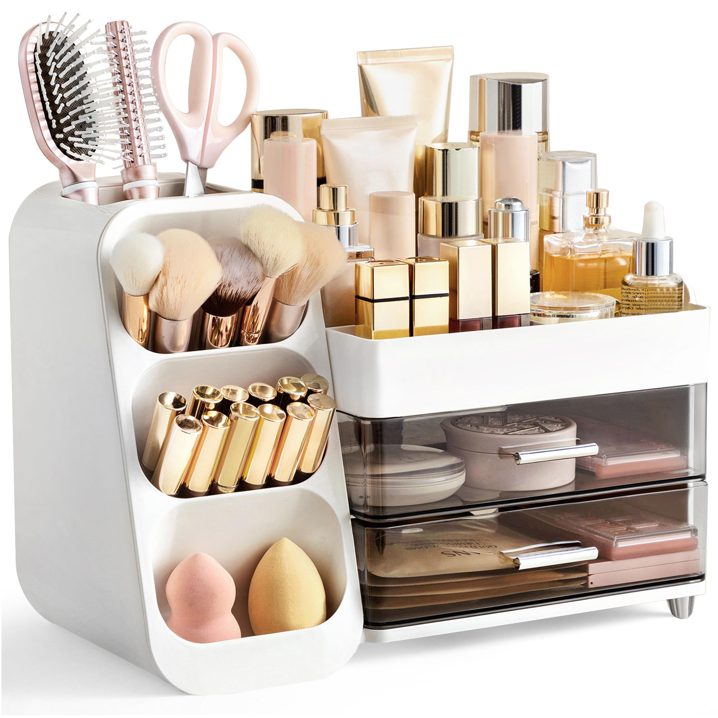 HBlife Makeup Organizer with Brush Holder for Vanity, Large Plastic Bathroom Countertop Organizer Skin Care Storage, Easy to Store Lipsticks, Nail Polishes, Perfumes, Eyeshadow Palettes, White
