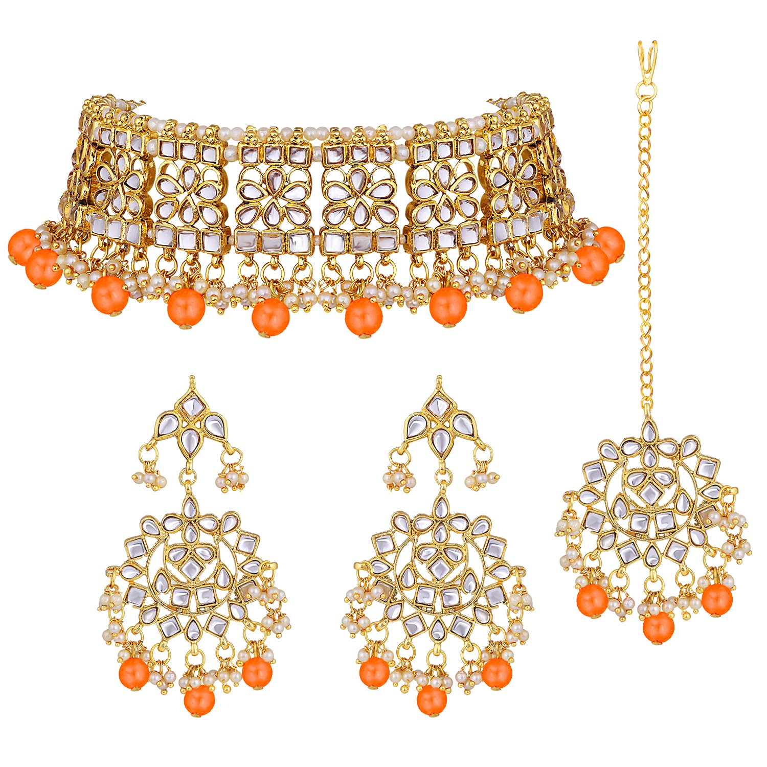 AheliElegant Indian Faux Kundan Studded Choker Necklace with Maang Tikka Set Ethnic Wedding Wear Fashion Jewelry Gift for Women