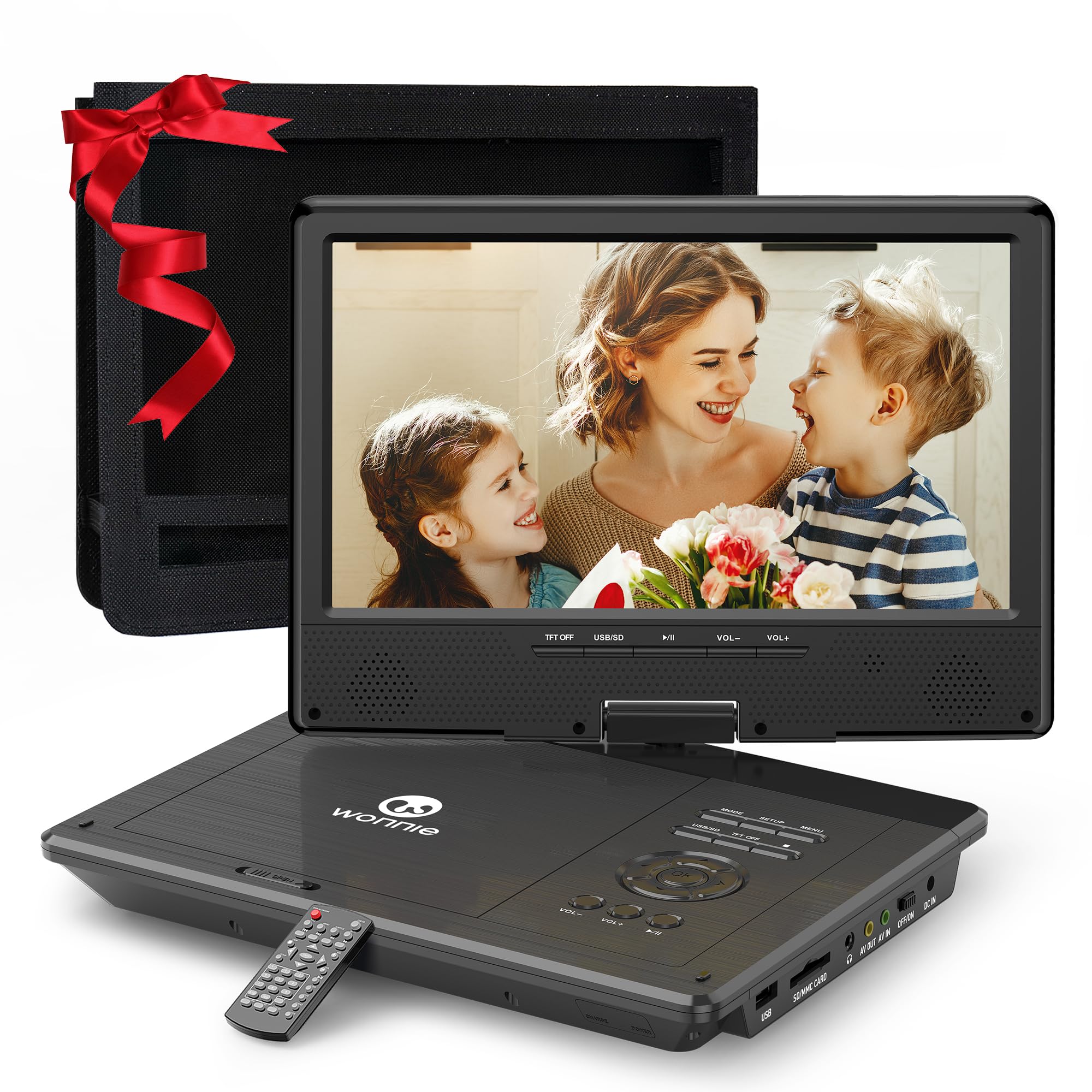 WONNIE 12.5" Portable DVD Player with 10.5" Swivel HD Screen with 5 Hours Rechargeable Battery Support USB/SD Card Sync to TV All Regions with Car Headrest Case