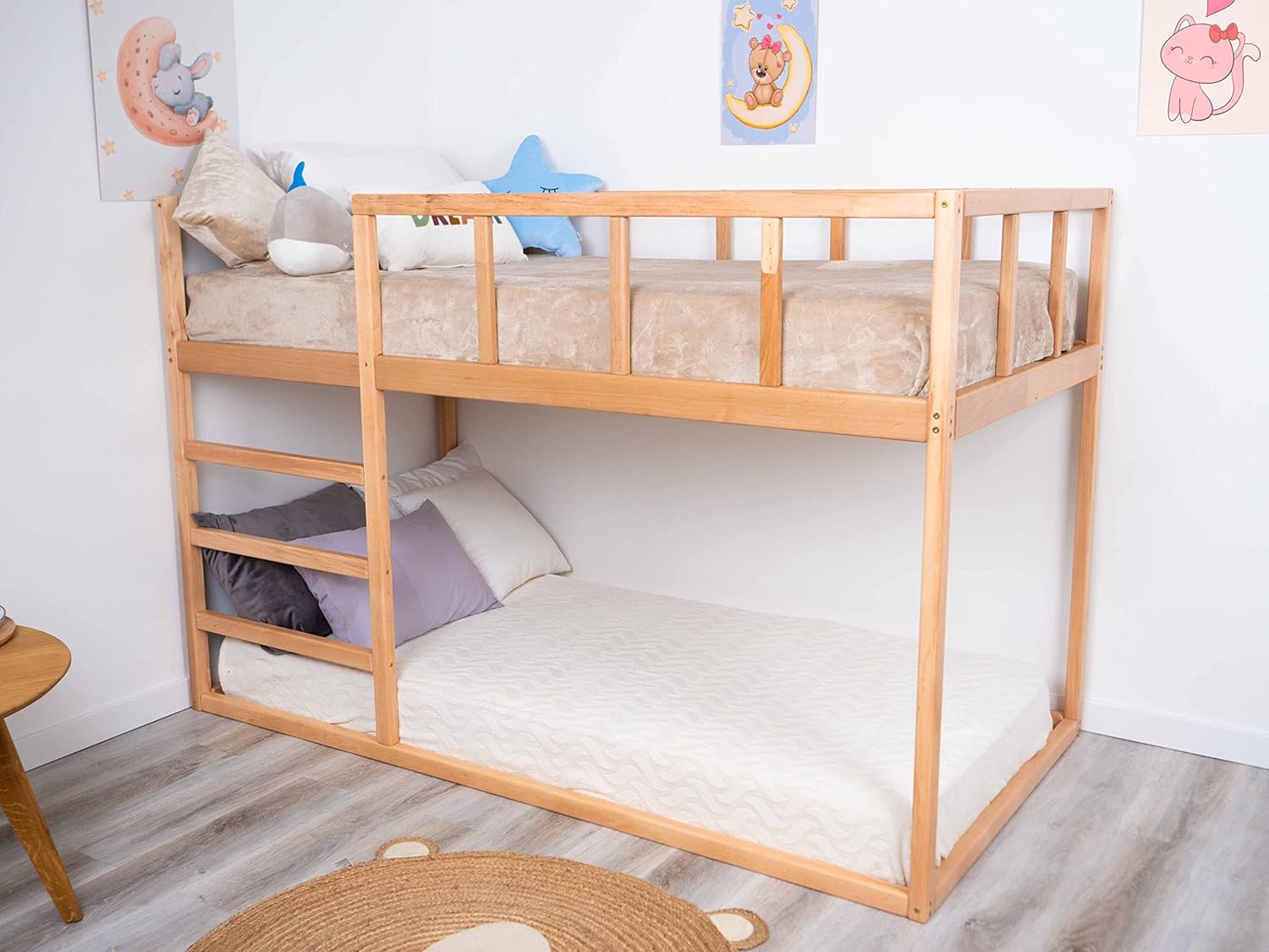 BUSYWOOD Wooden Bunk Bed for Toddlers - Montessori Bed - Twin Wood Frame with Ladder - Toddler Bed Frame - Bunk Bed Twin Size (Model 13, Twin Size 75x38, 7 Colors Variation)