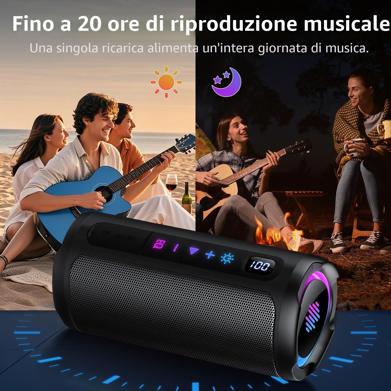 2026 Cassa Bluetooth 5.4 Potente 20W, Doppio Driver Basso, 20H Autonomia,TF | Casse Bluetooth Portatile con 2 EQ Modalità+Display Digitale, 7 RGB,Accoppiamento TWS,Altoparlante Bluetooth da Esterno Feste