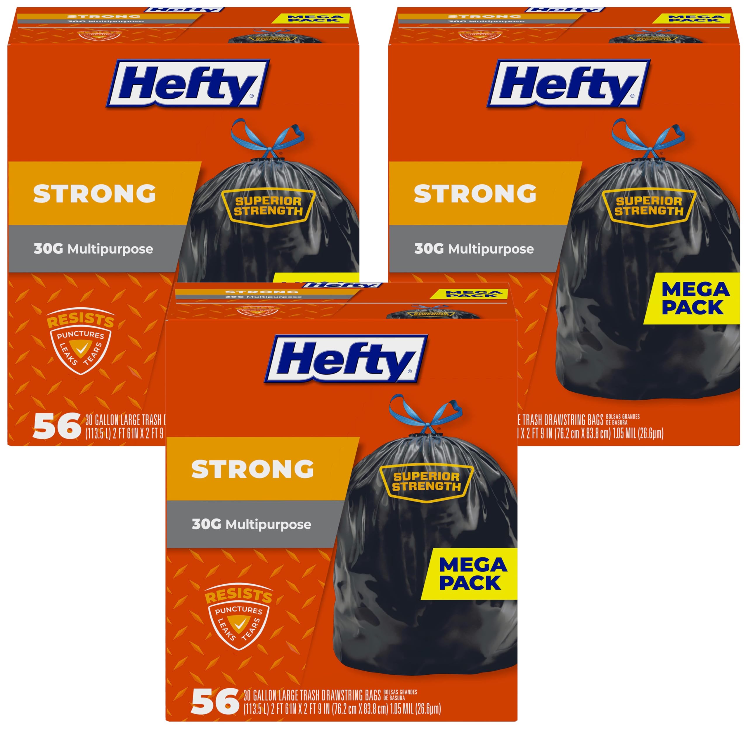 Hefty Strong 30 Gallon Trash Bags, Black, Unscented, 56 Count (Pack of 3) | Durable Drawstring Bags for Indian Homes - main product image