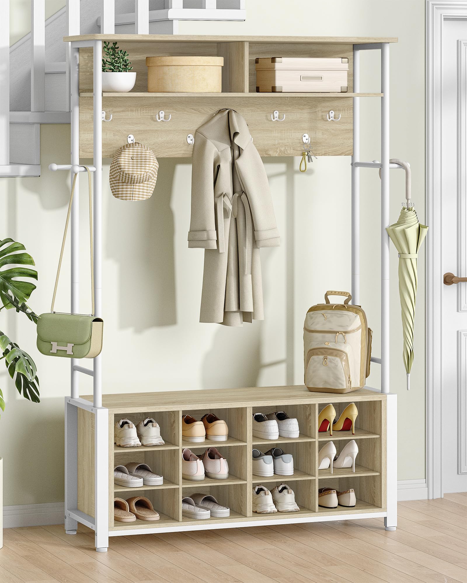 Hzuaneri Appendiabiti Ingresso con Panca Scarpiera, 12 Scomparti per Scarpe, 13 Ganci Attaccapanni, 32 x 106 x 185 cm, Industriale, per Corridoio, Ingressom, Greige HT17916W