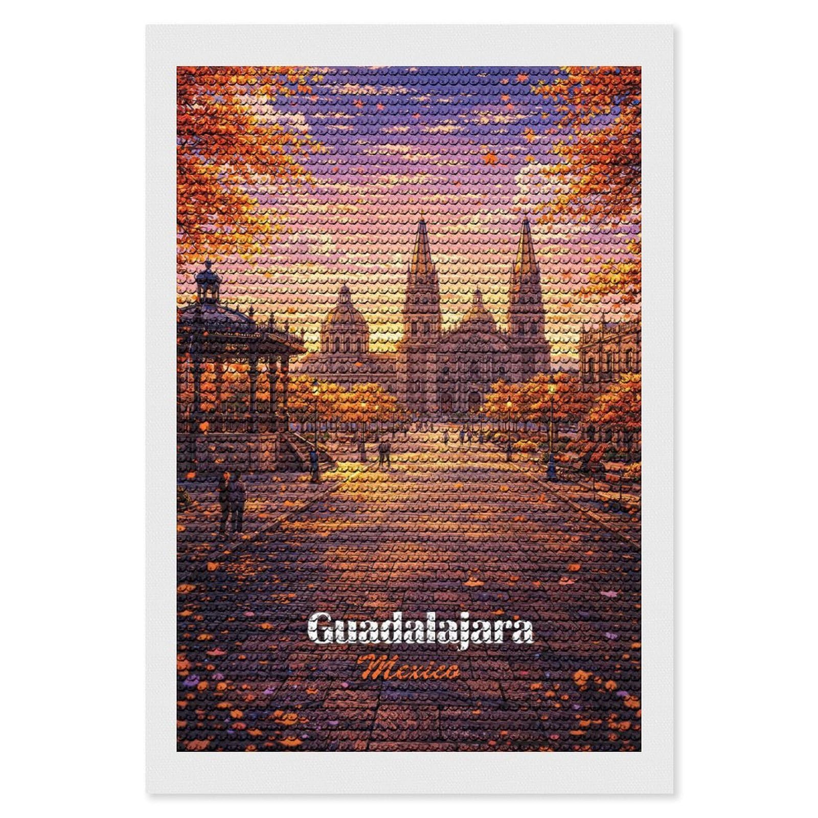 Junmoney Guadalajara Cathedral in Autumn Diamond Painting Canvas Set 8"x12", for Adults, Sparkling Round Gems, Thoughtful Handmade Gift, Modern Decor
