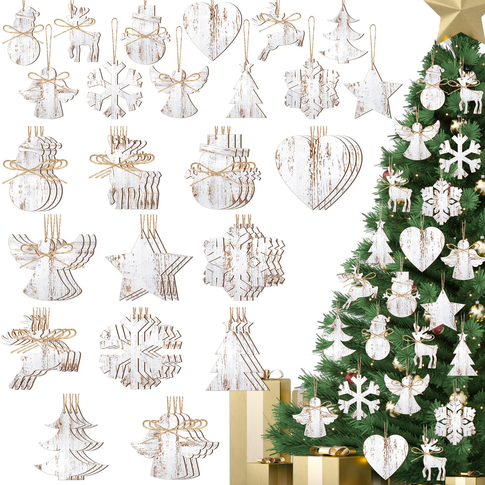 36 Pcs Christmas Decorations Wooden Tree Hanging Ornaments Snowflake Christmas Tree Snowman Elk Angel Cutouts Rustic Hanging Cutout Embellishment with Ropes for Christmas Decoration Festival