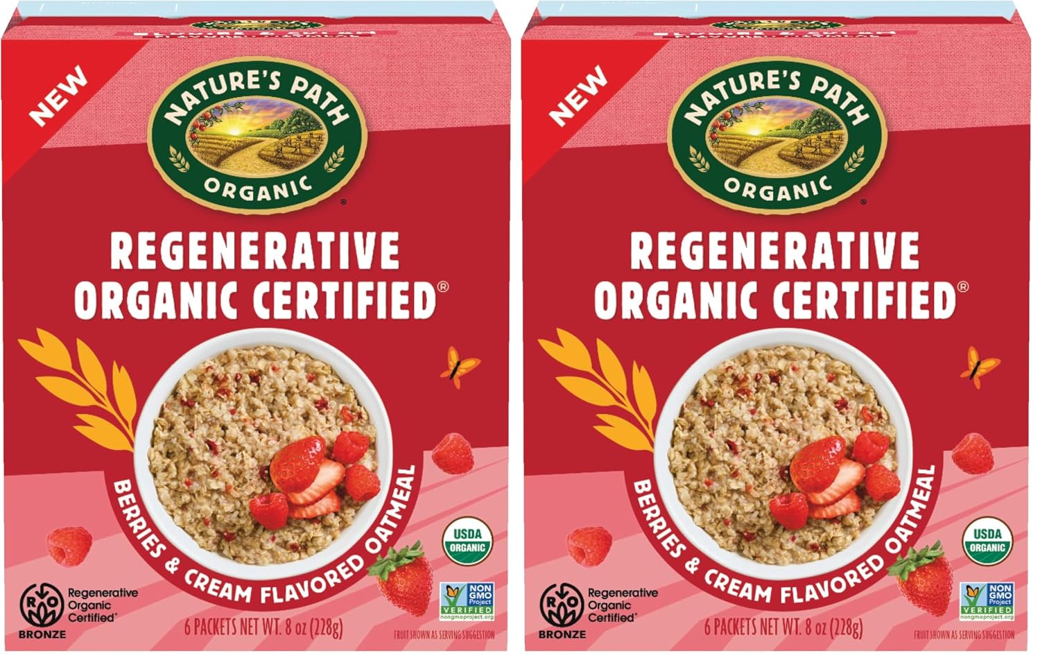 Nature's Path Organic Regenerative Organic Certified Berries & Cream Instant Oatmeal, 8 oz (Pack of 2), Non-GMO