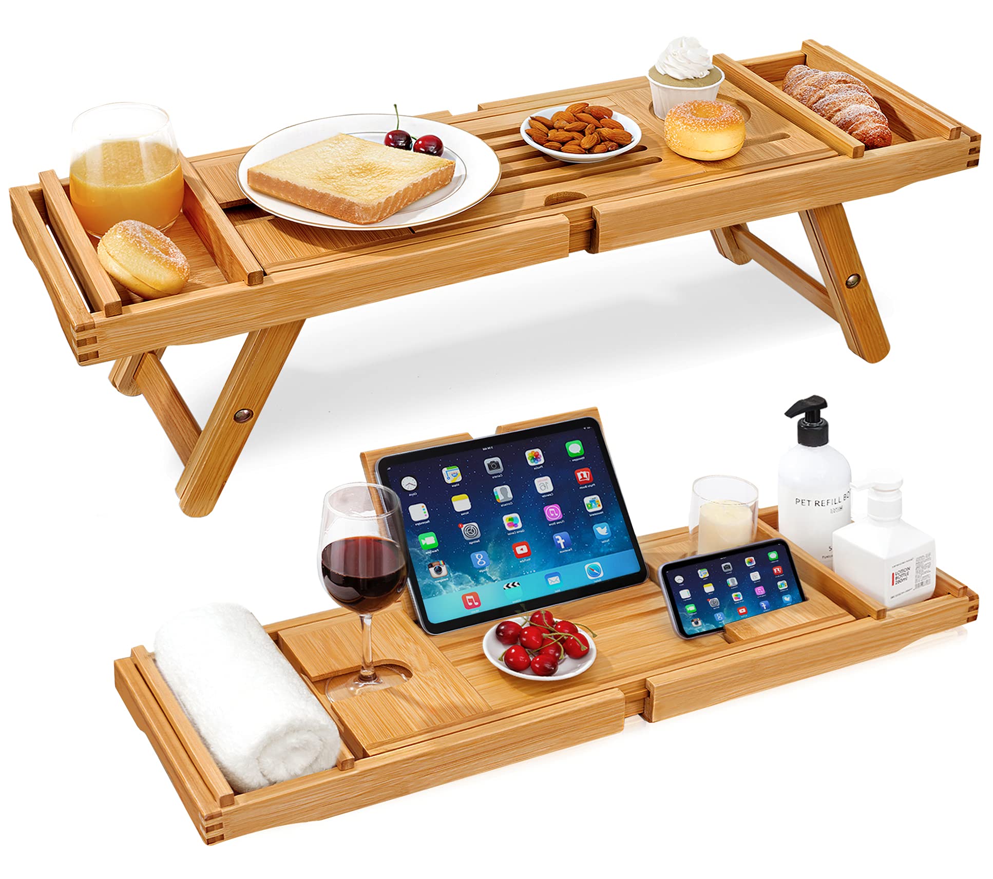 eletecproBamboo Bath Tray Transforms as a Bed Tray, with Books or Tablet Holder, 2 x Towel Boxes, 1 x Soap Holder (Natural)