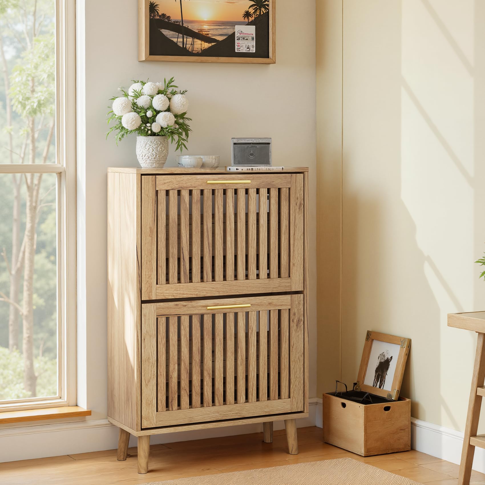 Smart FENDEE Shoe Cabinet with 2 Flip Louvered Drawers, Farmhouse Slim Shoe Organizer Rack with Golden Handles, Freestanding Hidden Entryway Storage for Hallway, Natural Oak