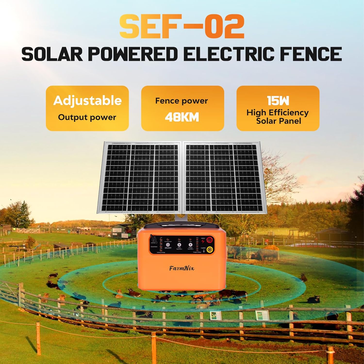 6-12KV Adjustable Output Solar Fence Charger,30 Miles Electric Fence Charger for Livestock,1.5J Solar Charger,15W Solar Electric Fence,24H Protection Solar Powered Electric Fence Kit