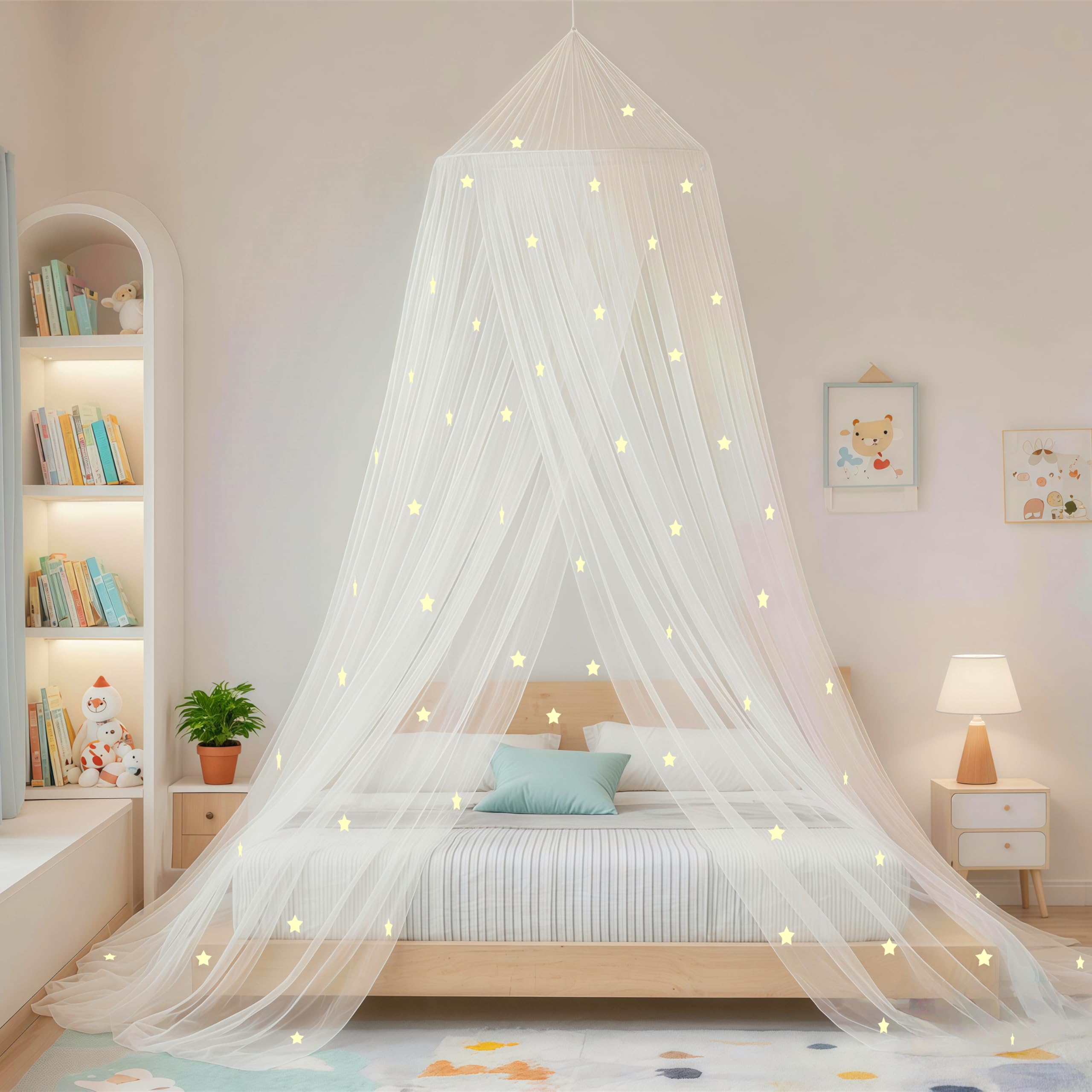 Eimilaly Girls Star White Stars Bed Canopy Glow In The Dark, Bed Canopy For Mosquito Net, Princess Canopy For Bed Room Decor, White