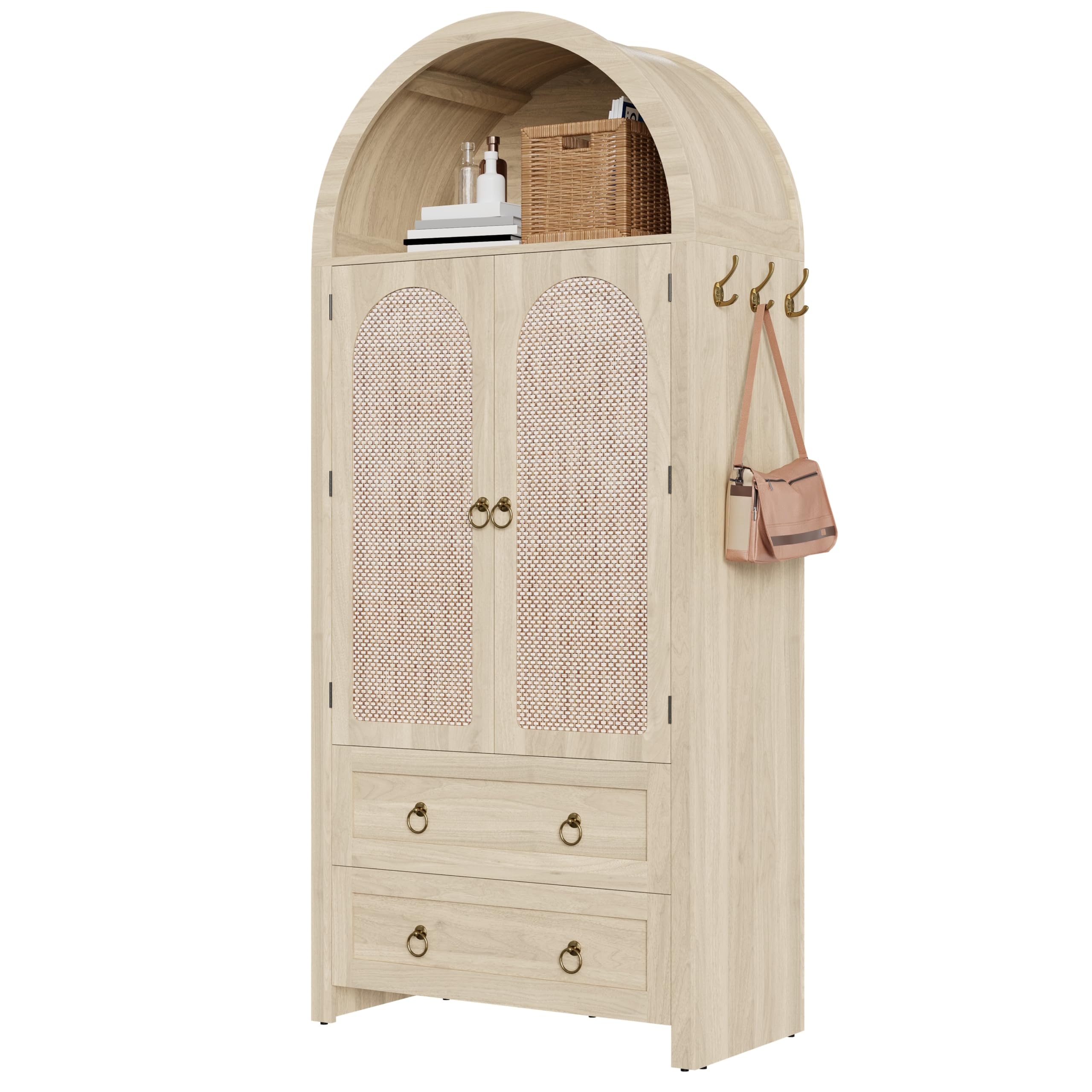 Aparador de mimbre de ratán con forma de arco, estilo vintage con compartimentos abiertos, estantes ajustables y cajones dobles, cómoda para salón y dormitorio, estilo retro
