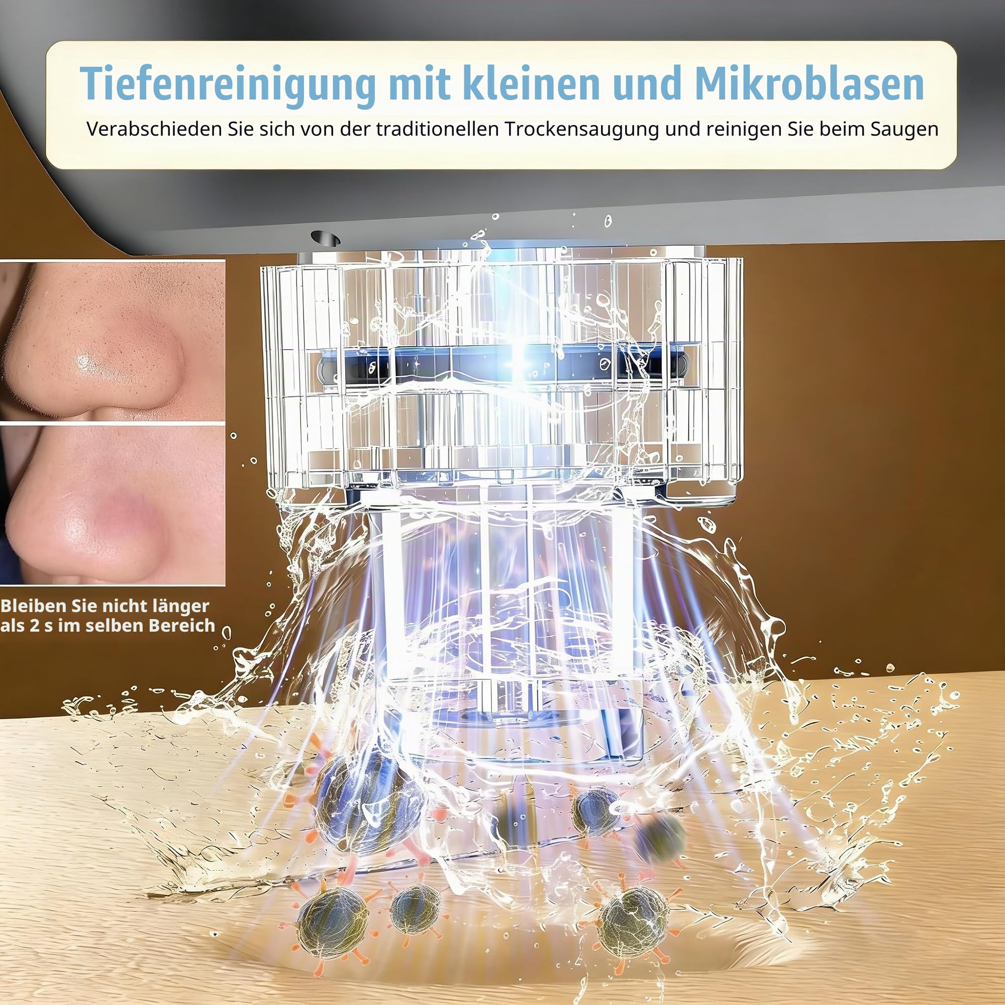 Elektrischer Vakuum Mitesserentferner, Porenreiniger Gesicht mit sichtbarem Wassertank, 75Kpa starke Saugkraft, 4 Saugmodi 6 Silikonaufsätze, sanfte Porenpflege für empfindliche Haut
