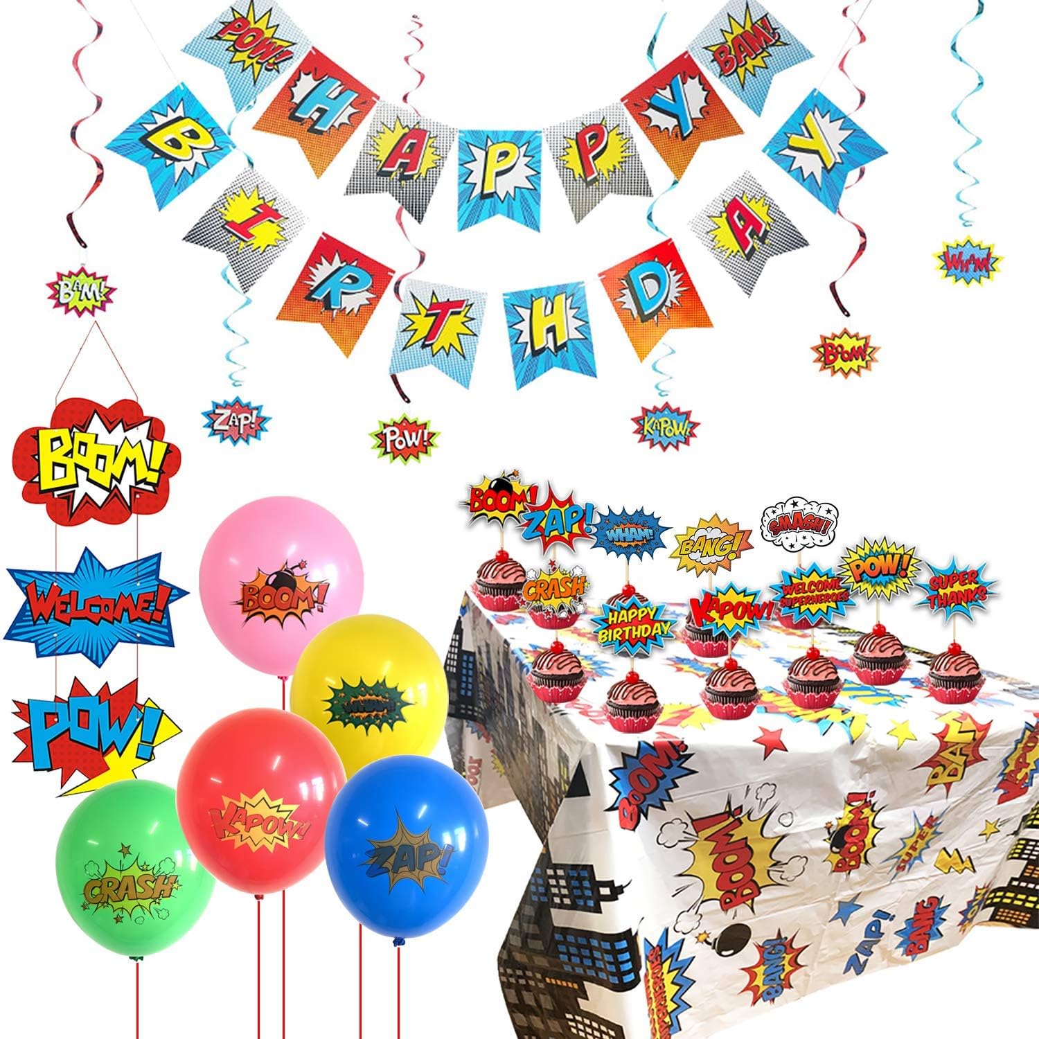 KRUCE Complete Superhero Party Supplies Kit,Superhero Tablecloth,Banner,Hanging Swirls,Cake Toppers,Balloons and Superhero Door Sign for Party Supplies Decorations
