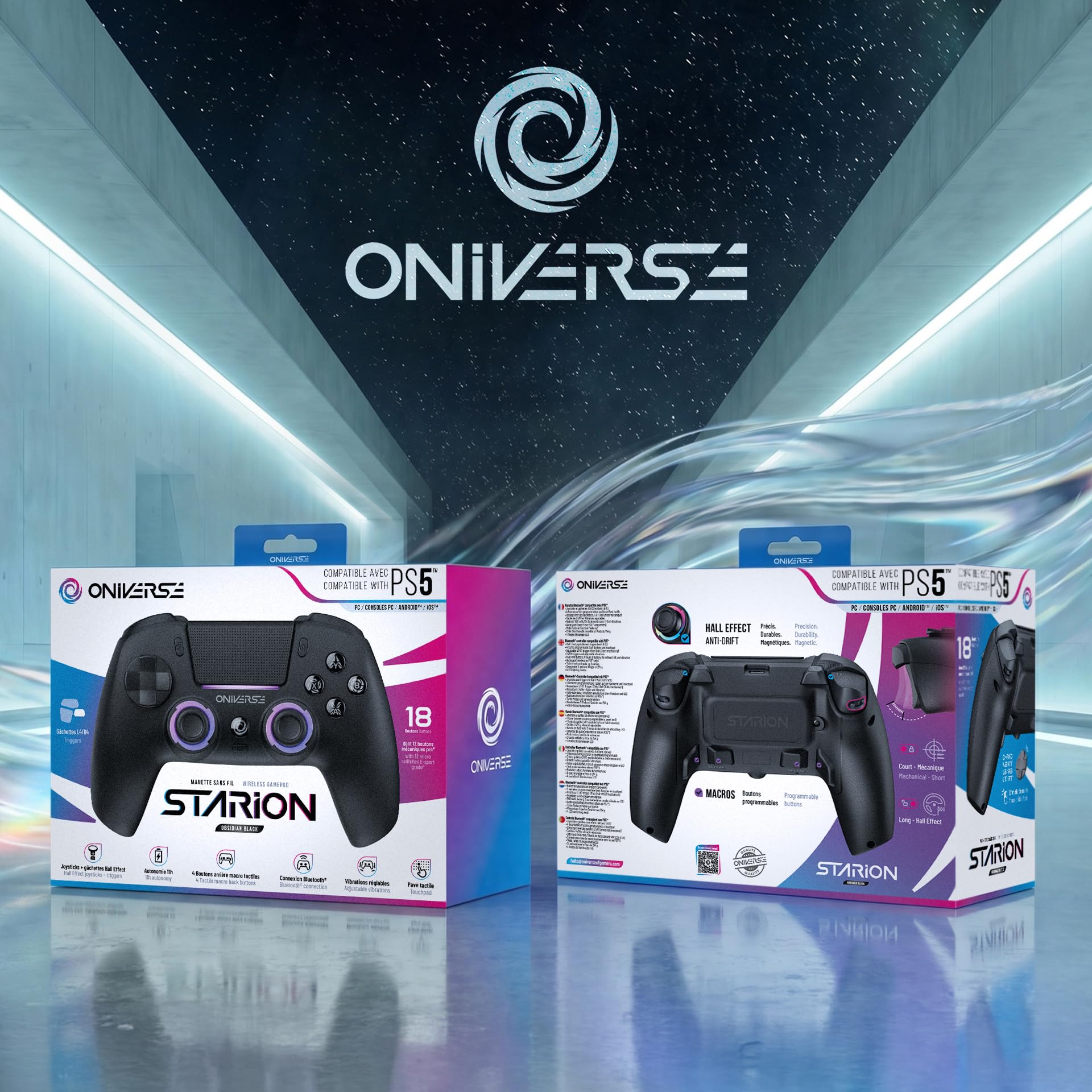 Oniverse Mando inalámbrico para PS5/PC/Steam Deck - Starion - Joysticks y gatillos con tecnología Hall Effect, Paletas macro programables, Gatillos L4/R4, Panel táctil, Bluetooth/USB-C - Black