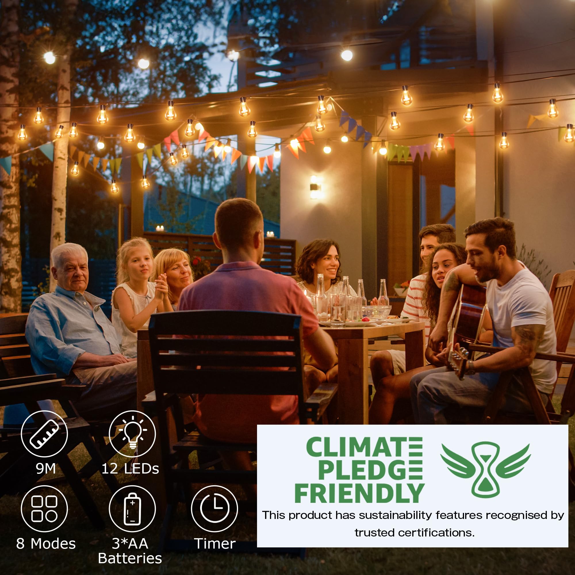 Outdoor Lichterkette Außen Batterie Timer 9M 12 Birnen A60 LED Fernbedienung Lichterkette mit 8 Modi IP64 Lichterketten für Innen Weihnachten Fenster Treppen Gärten Pavillons Hochzeiten