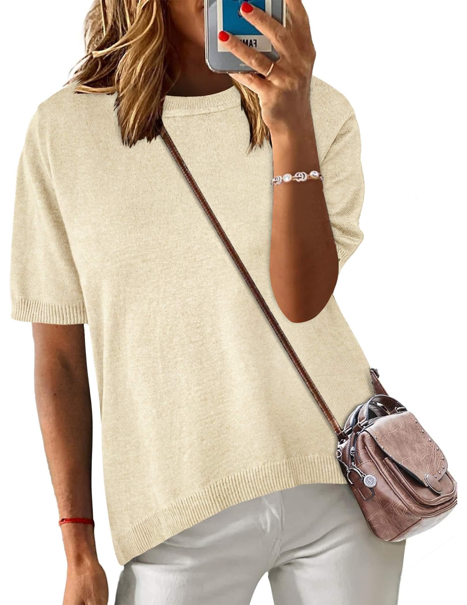 Zeagoo Womens Summer Tops Dressy Casual Short Sleeve Sweaters Crew Neck Lightweight Knit Tops Loose Blouse Basic Shirts