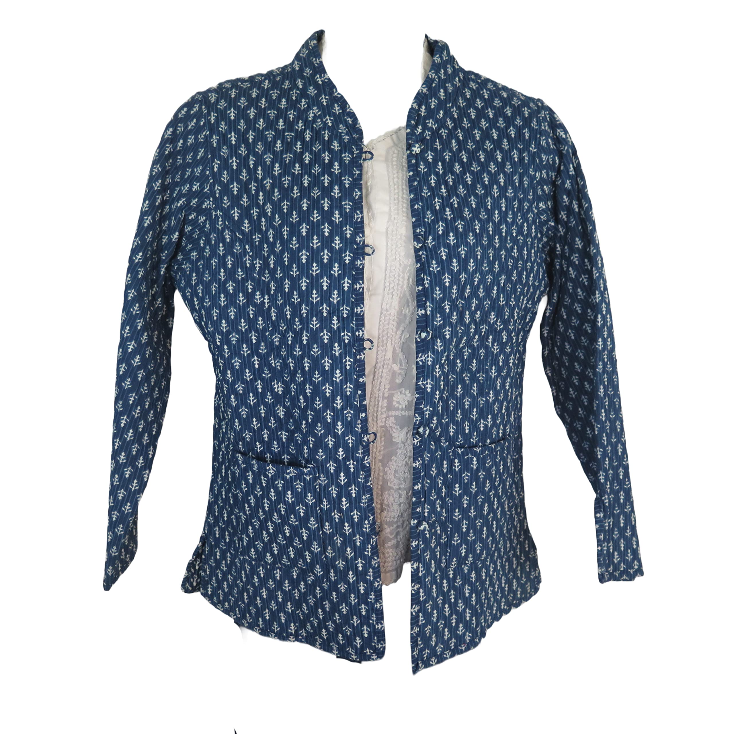 TDbN Jacket | Women's | Short | Quilted | Handmade | Reversible | 2 Patterns | Geometric | Buttons | Blue