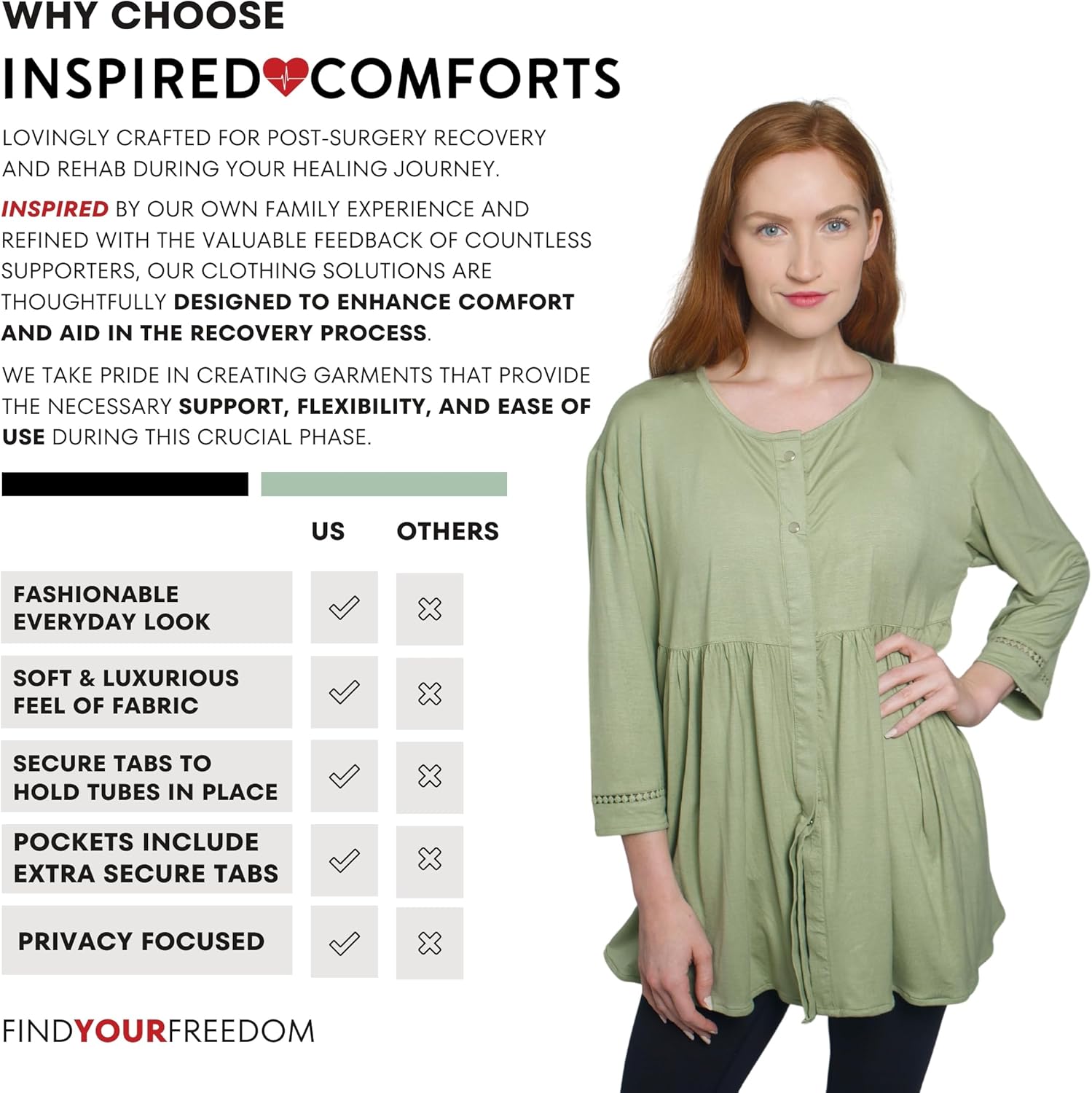 Inspired Comforts Women's Mastectomy Recovery Front Open Snap Shirt with Drain Pockets - Image 5