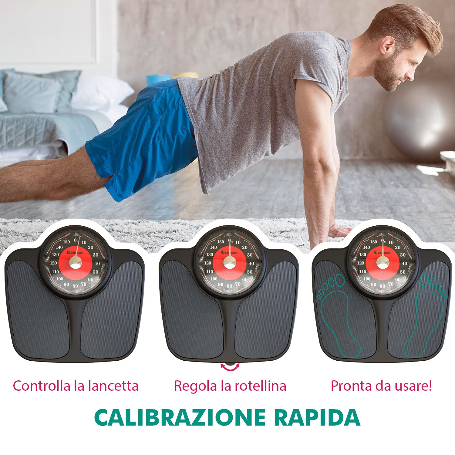 Adamson A23 Bilancia per Peso Corporeo - Fino a 160 kg - Bilancia XL Oversize 36 cm x 35 cm - Superficie in Gomma Antiscivolo Numeri Extra Grandi - Bilancia Pesapersone Analogica - 20 Anni di Garanzia